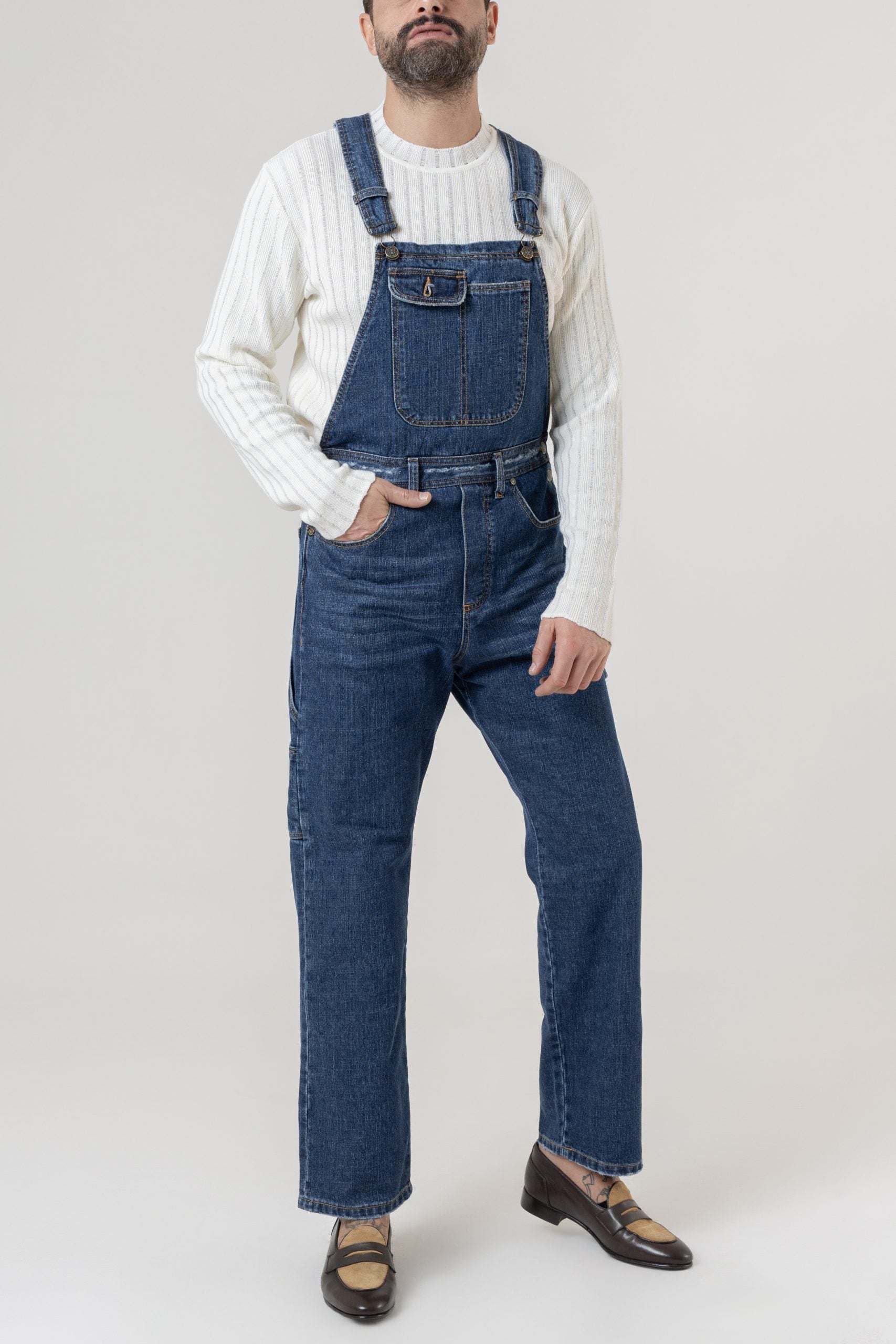 Salopette in Jeans Vita Alta e Fondo Ampio Lavaggio Scuro