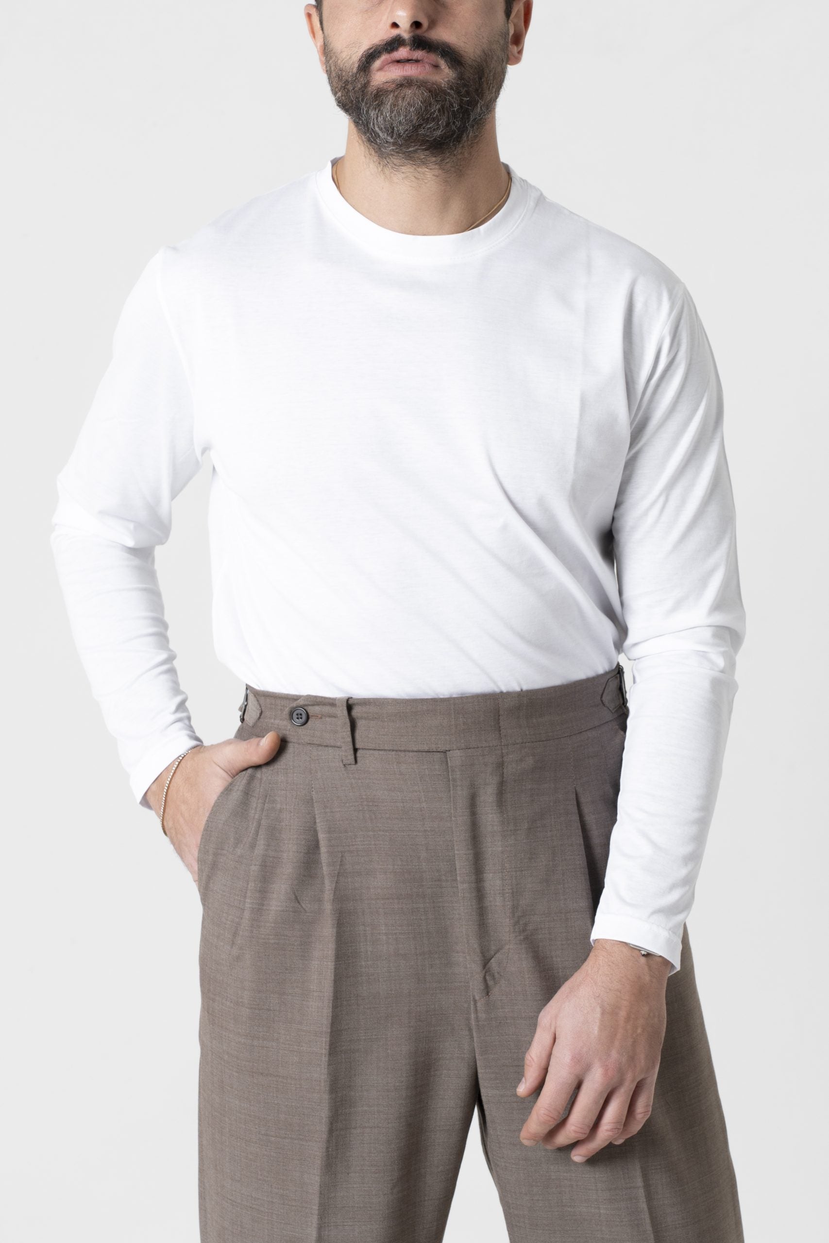 Shirt Regolare Manica Lunga Girocollo in Filo di Scozia Bianca