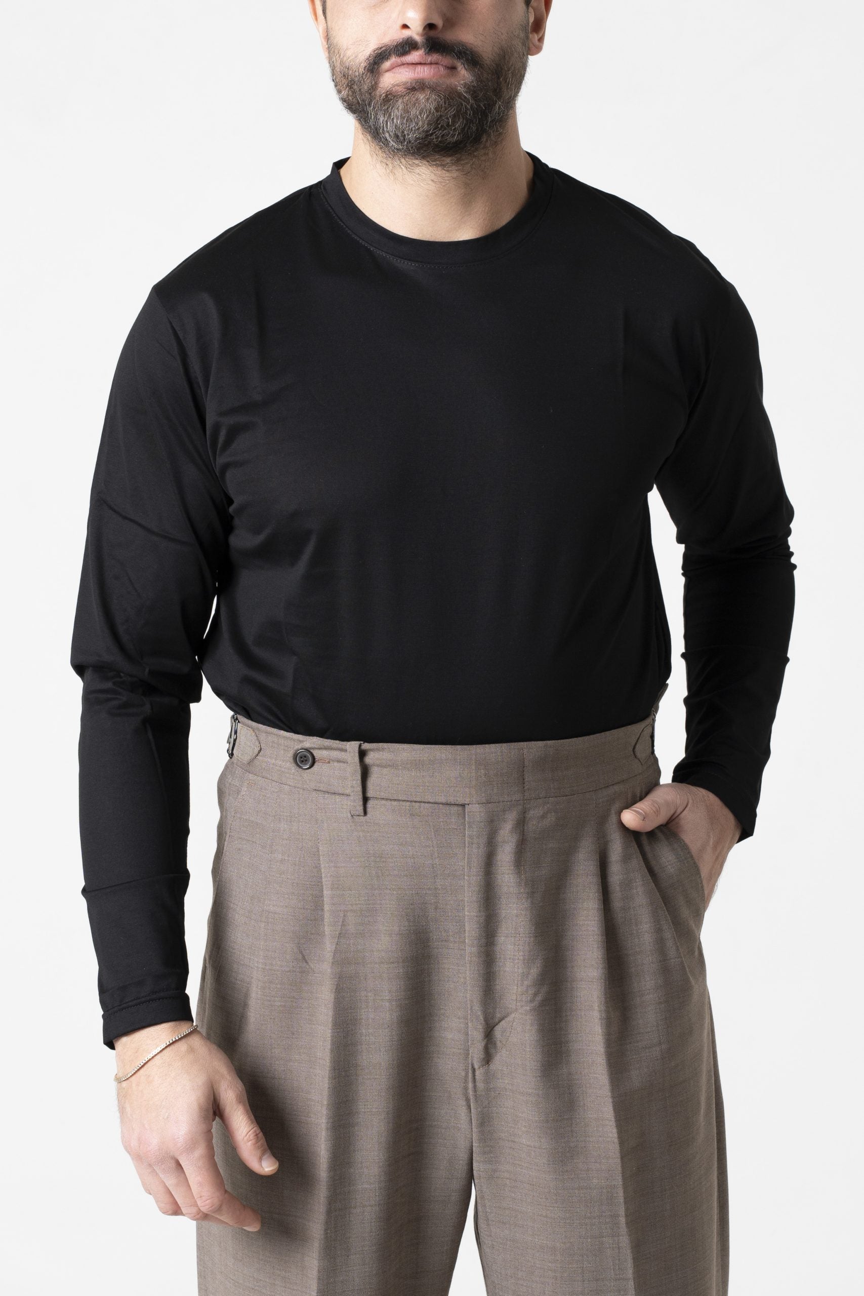 Shirt Regolare Manica Lunga Girocollo in Filo di Scozia Nera