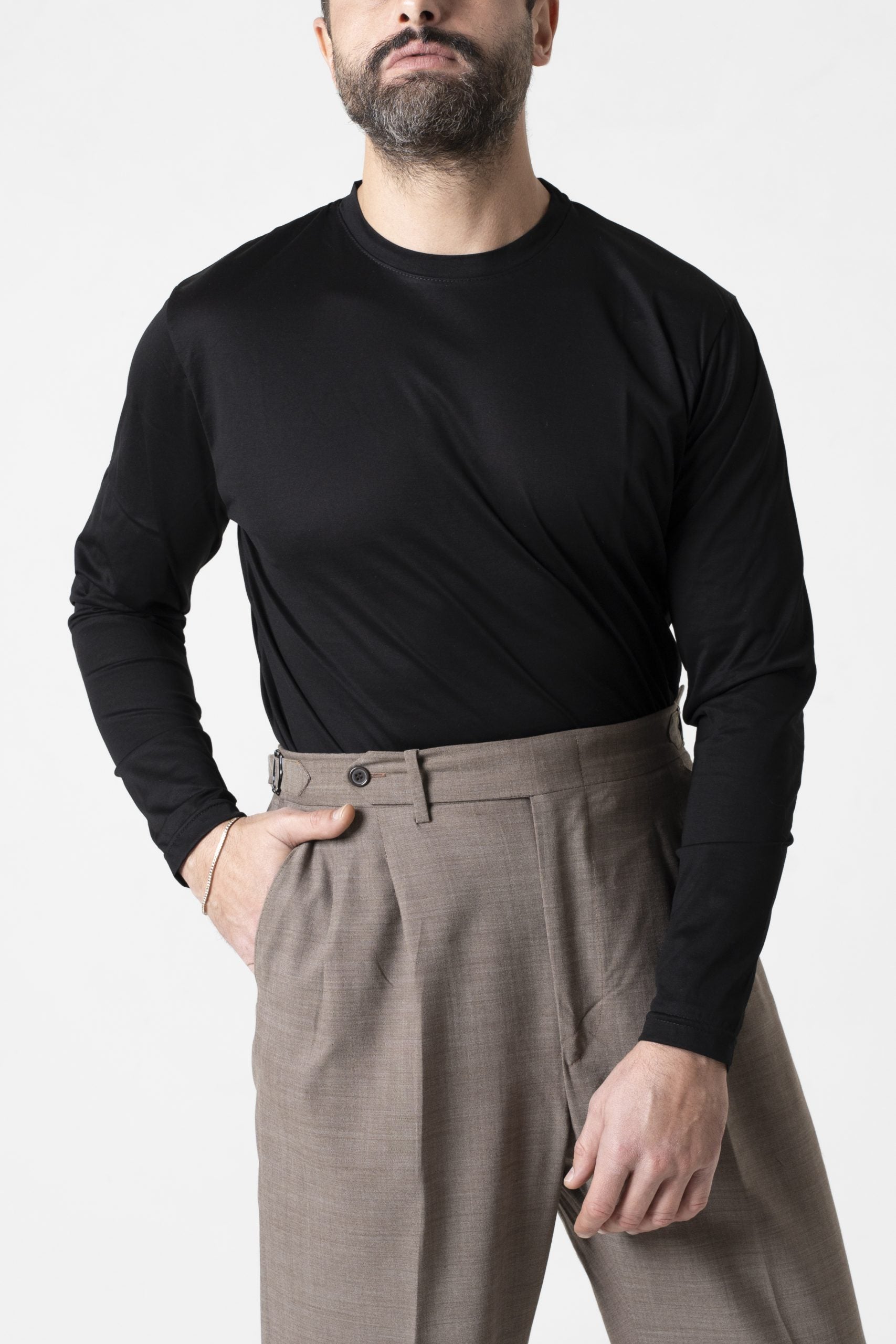 Shirt Regolare Manica Lunga Girocollo in Filo di Scozia Nera