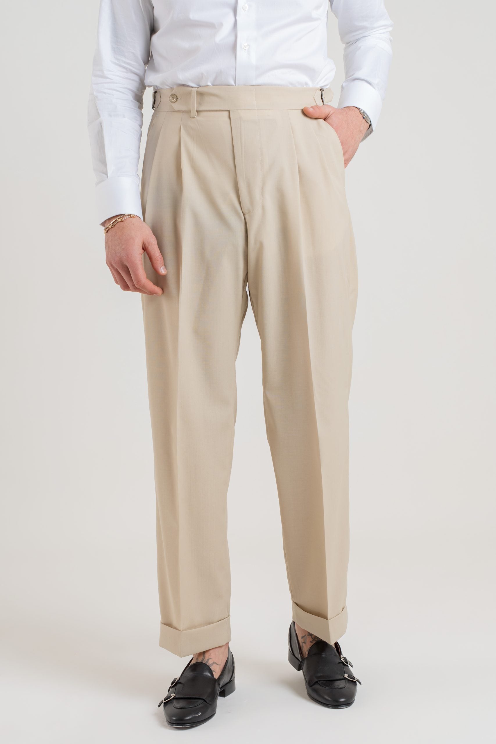 Pantalone Fondo Ampio e Fibbie Laterali Vaniglia Havana
