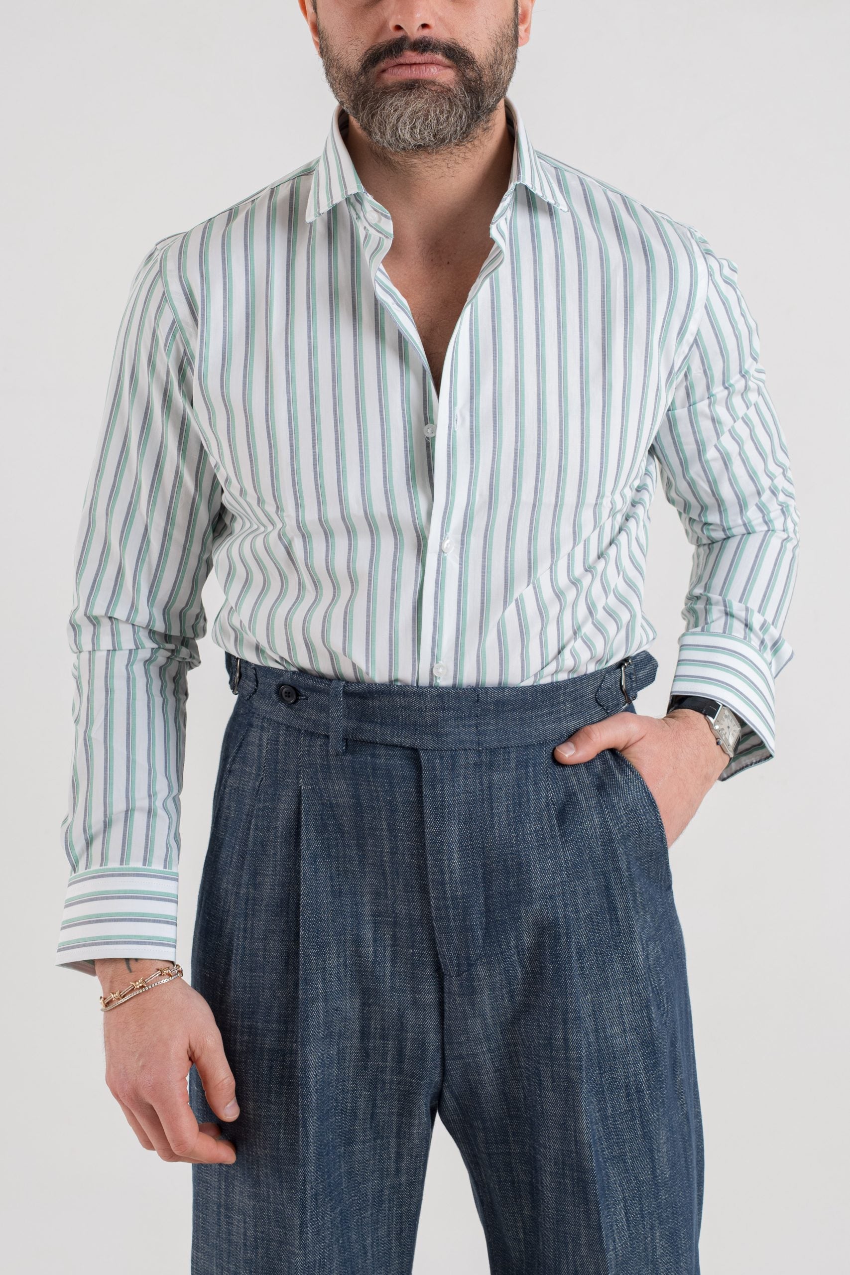 Camicia Collo Francese Bicolor Verde