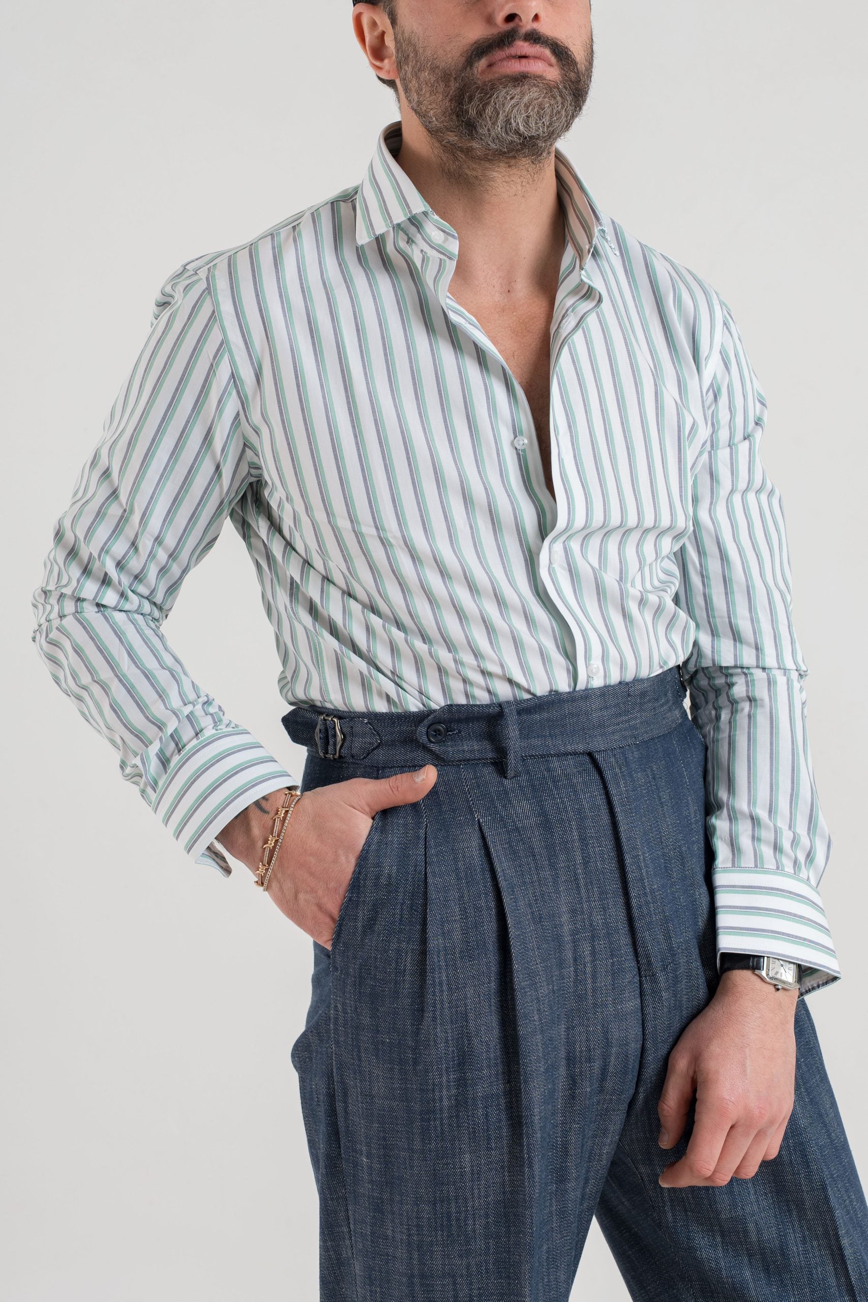 Camicia Collo Francese Bicolor Verde