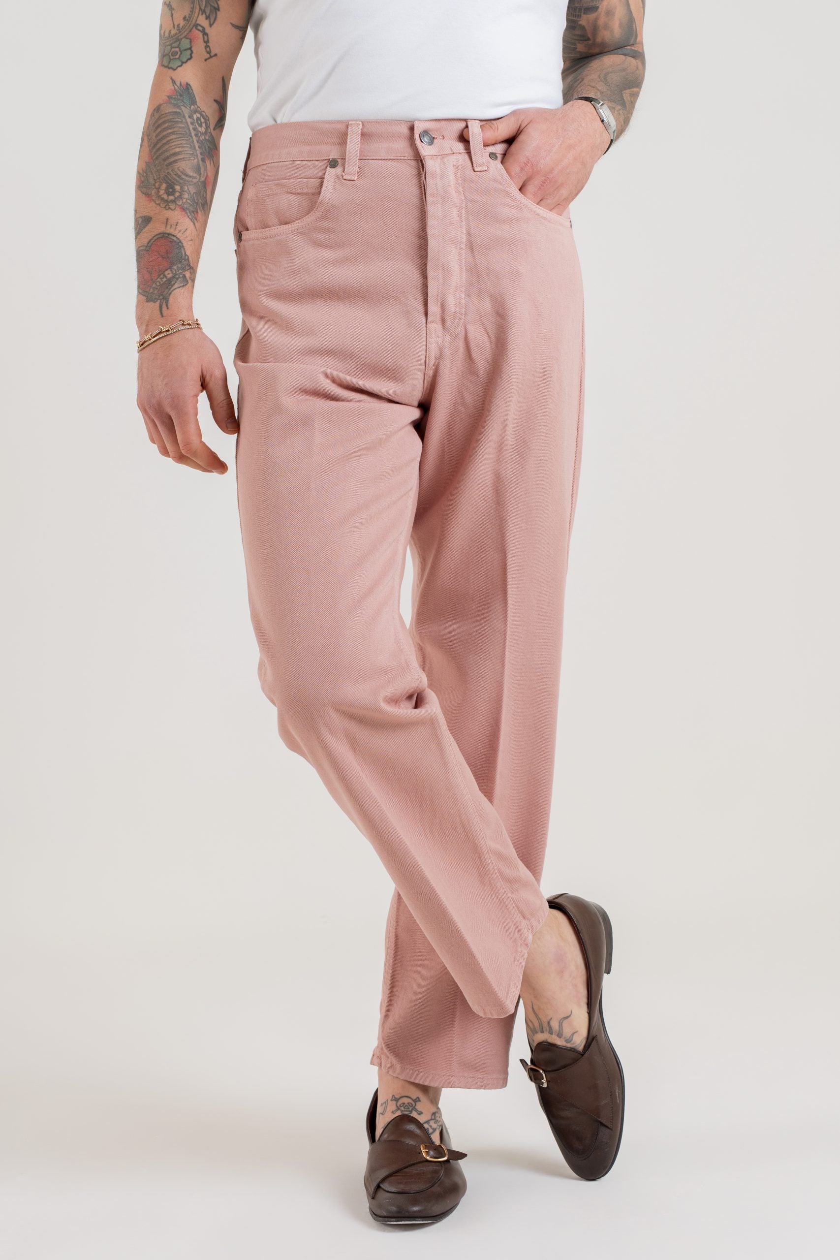 Jeans Vita Alta Fondo Ampio Rosa