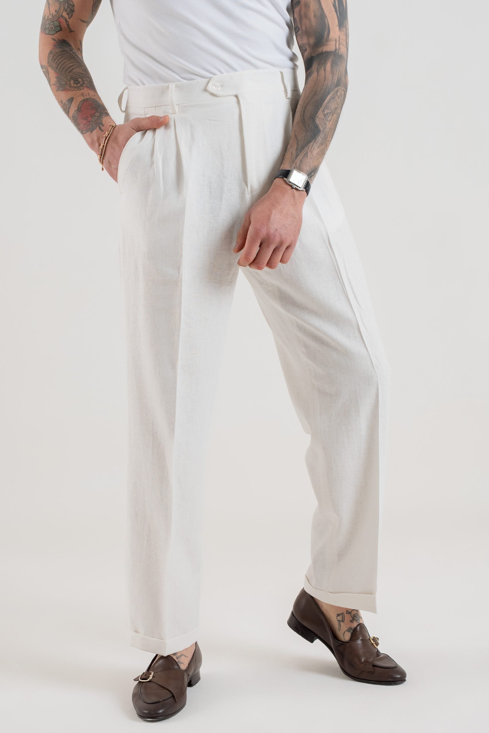 Pantalone Fondo Ampio con Passanti Spigato Bianco