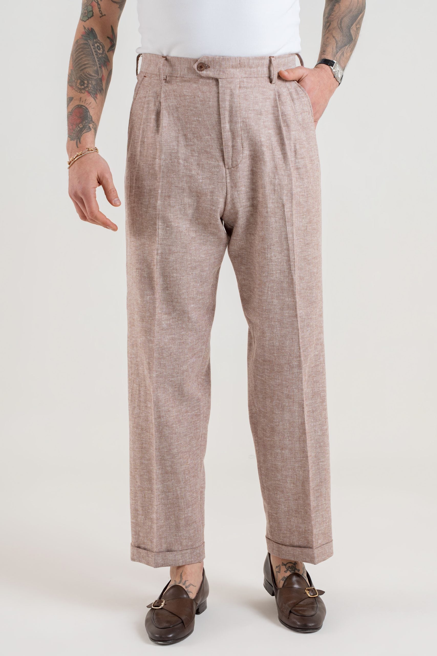 Pantalone Fondo Ampio con Passanti Spigato Cacao