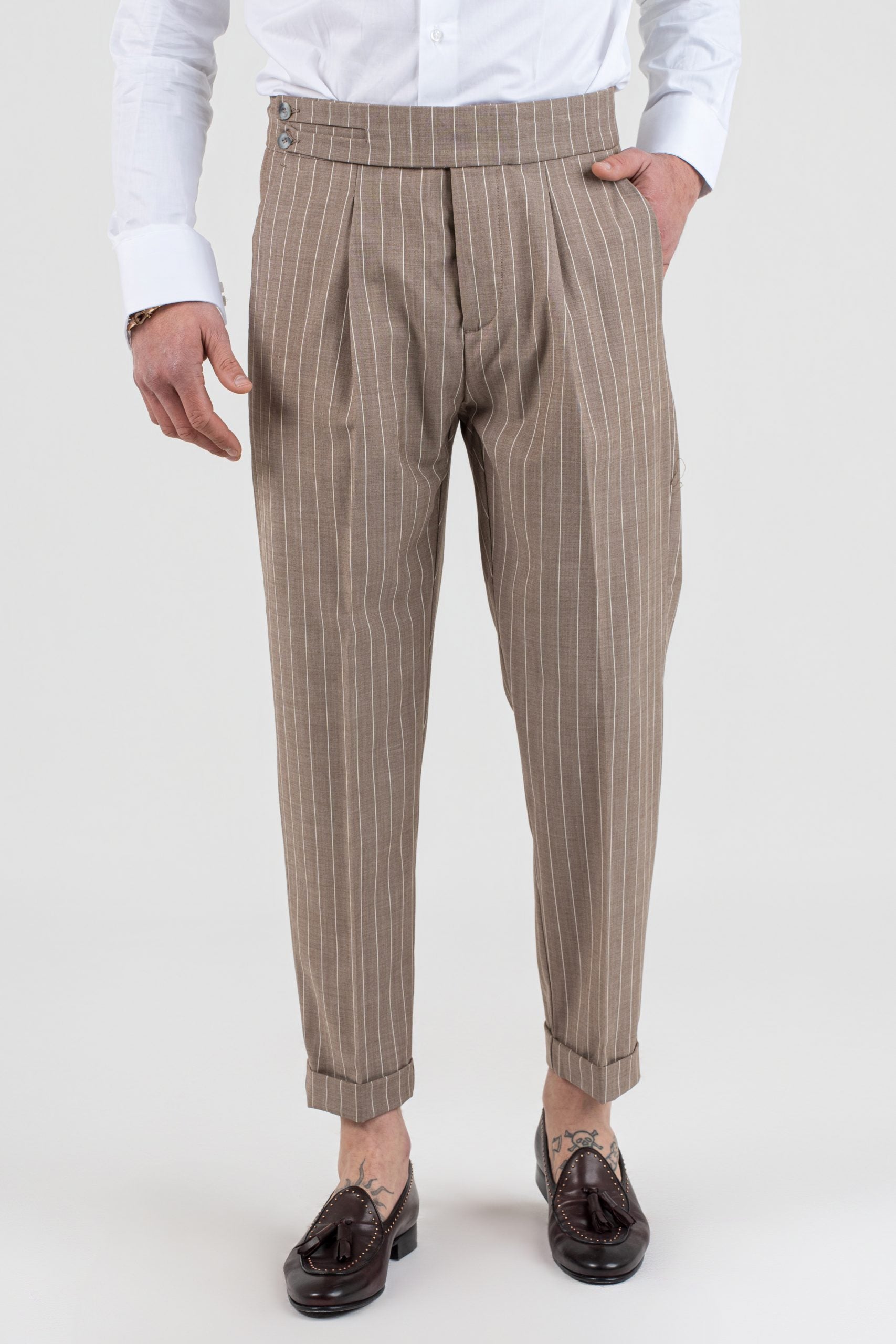Pantalone Biforcato Gessato Beige Porto Rotondo