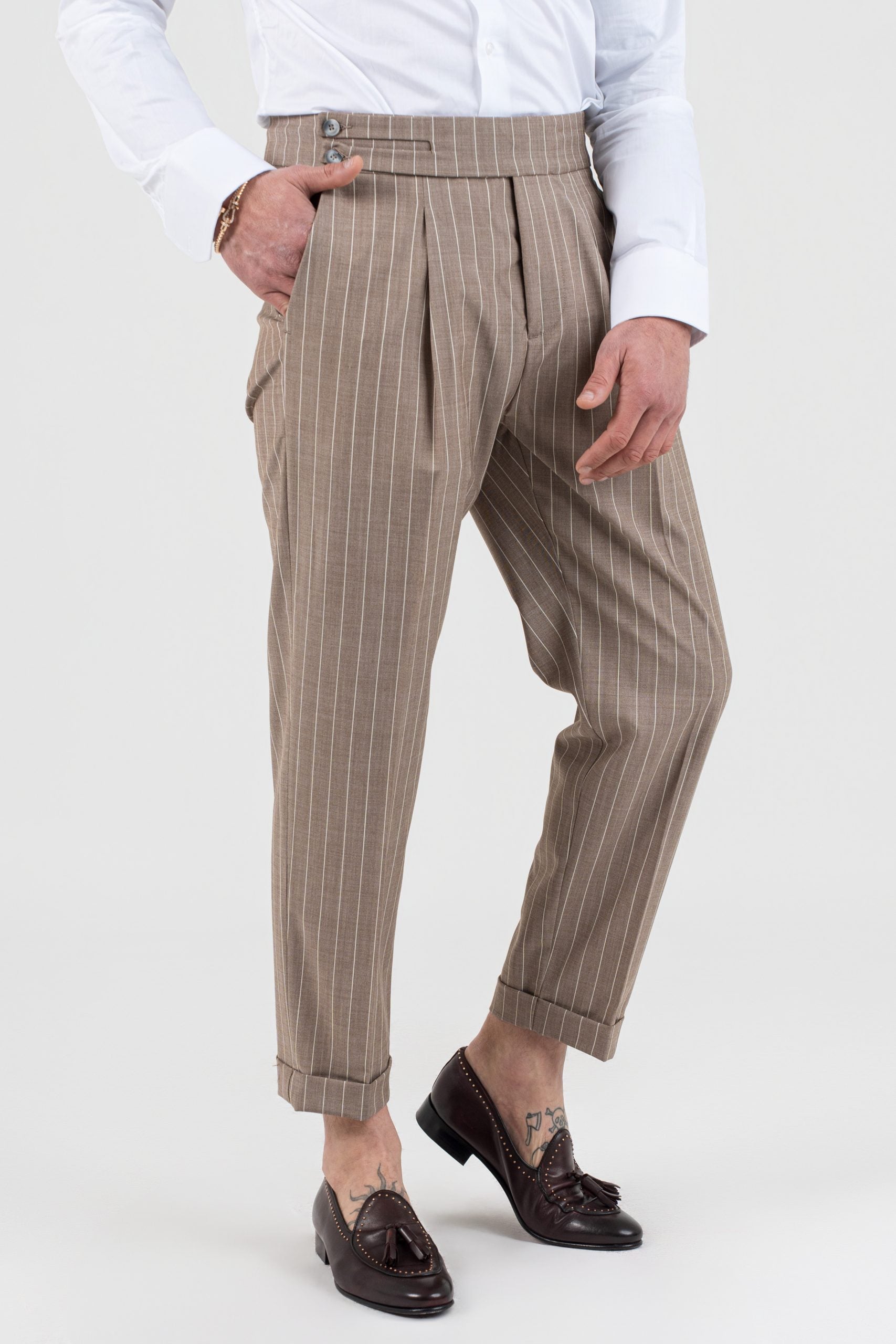 Pantalone Biforcato Gessato Beige Porto Rotondo