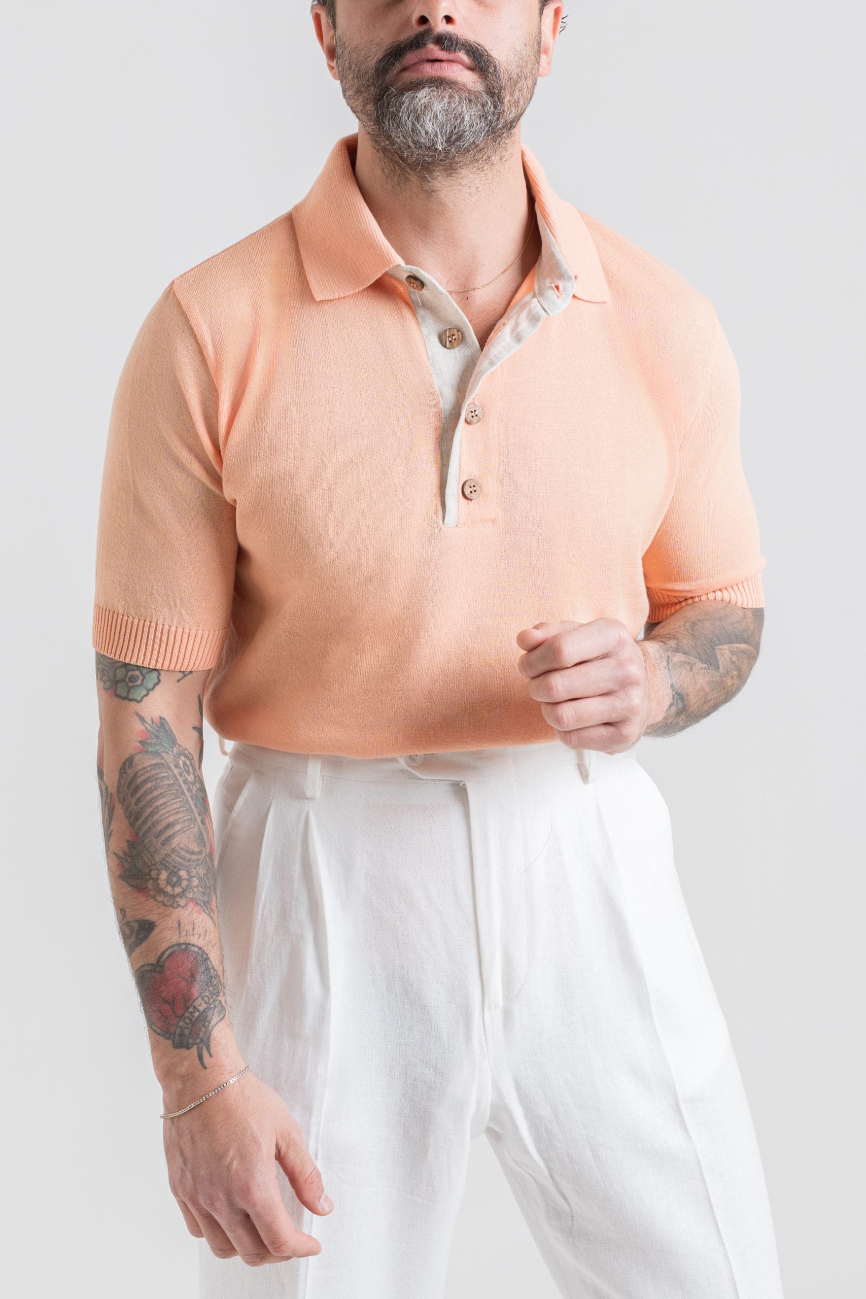 Polo in Cotone con Riporti in Lino Pesca