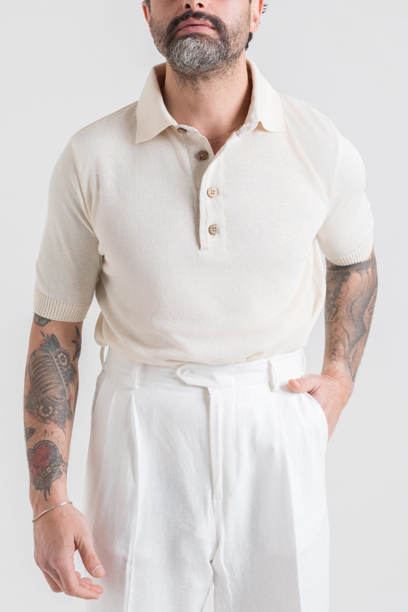 Polo in Cotone con Riporti in Lino Burro