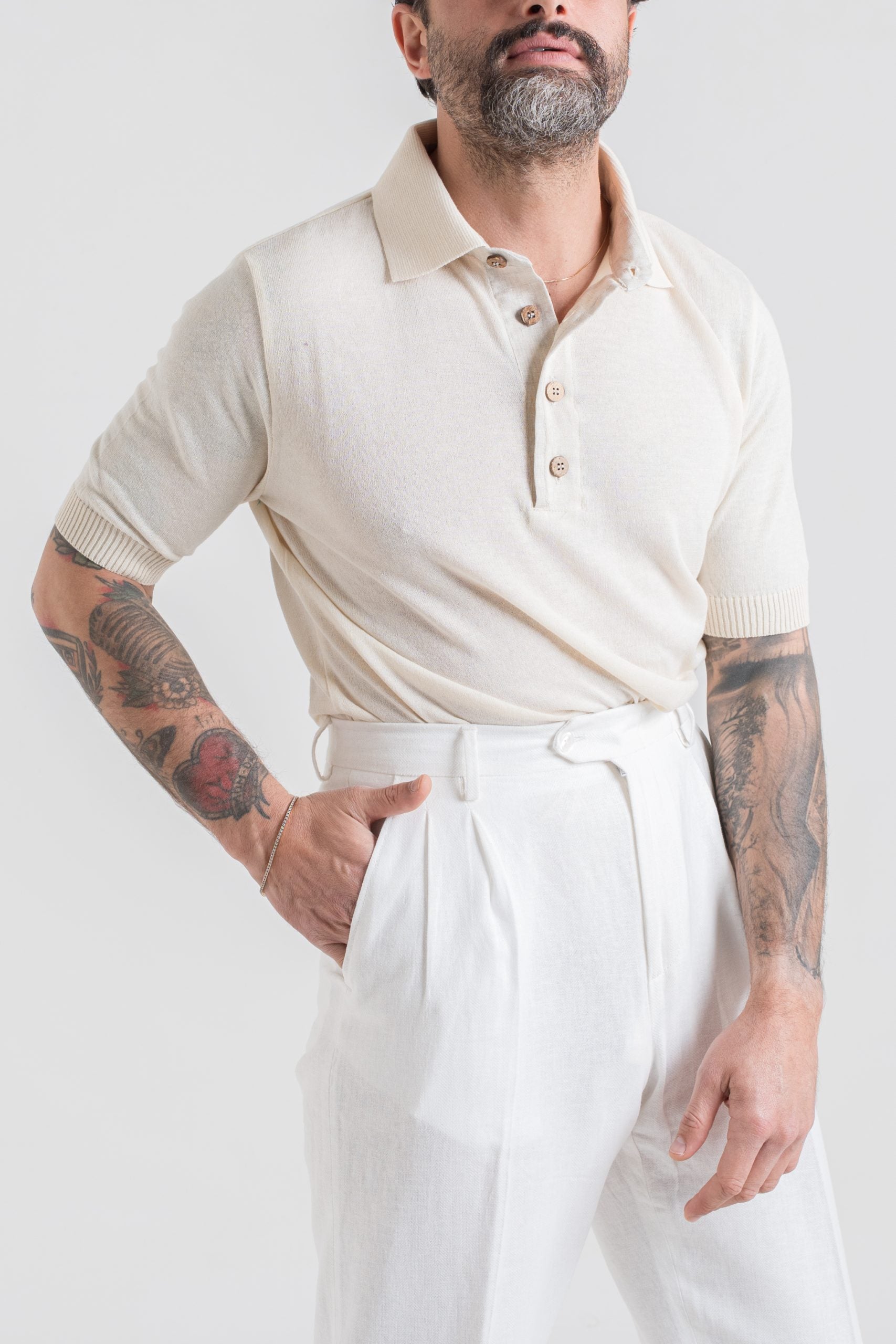 Polo in Cotone con Riporti in Lino Burro