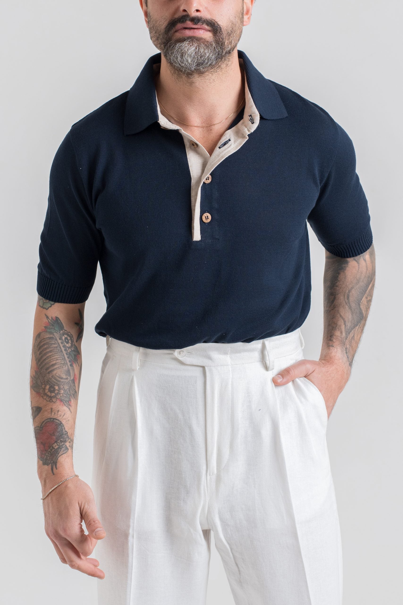 Polo in Cotone con Riporti in Lino Blu