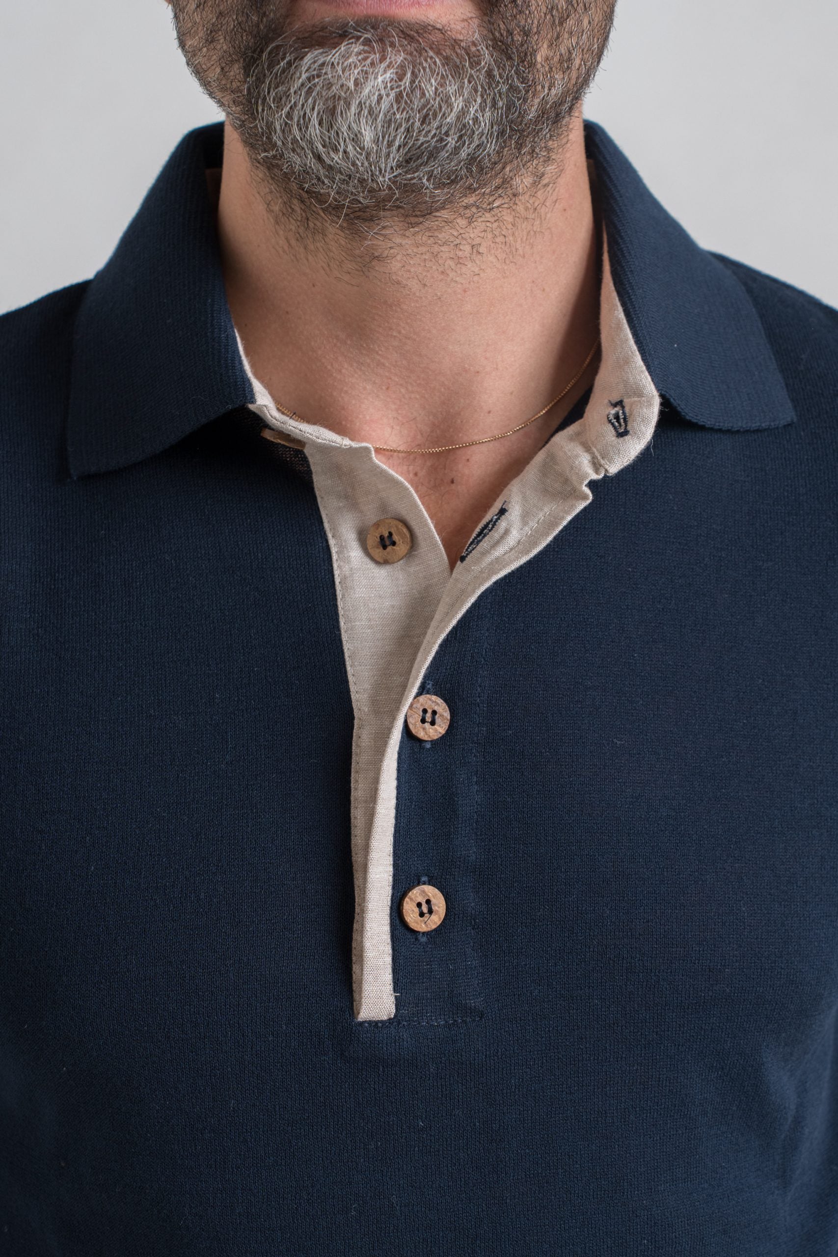 Polo in Cotone con Riporti in Lino Blu