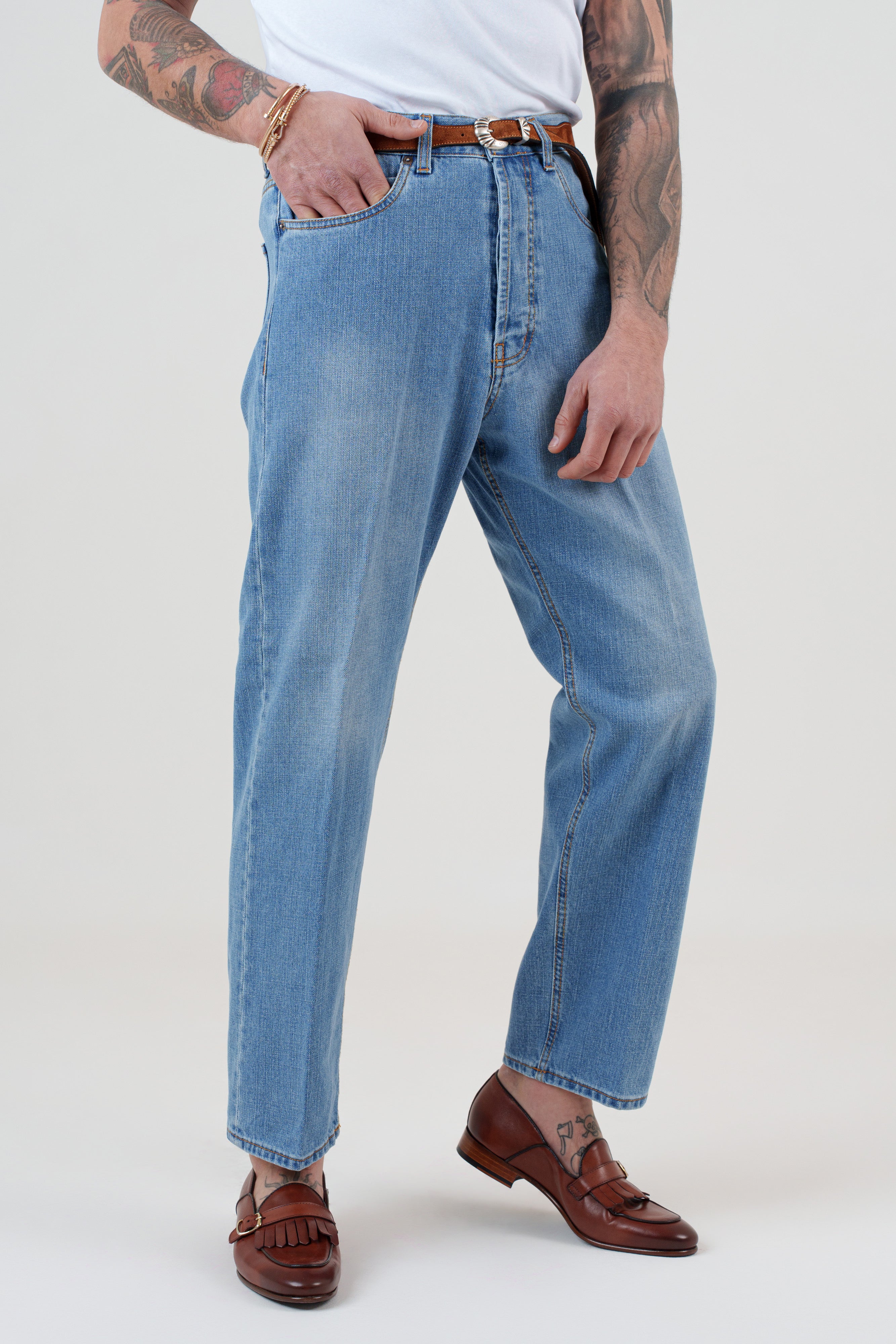 Jeans Vita Alta Fondo Ampio Lavaggio Chiaro