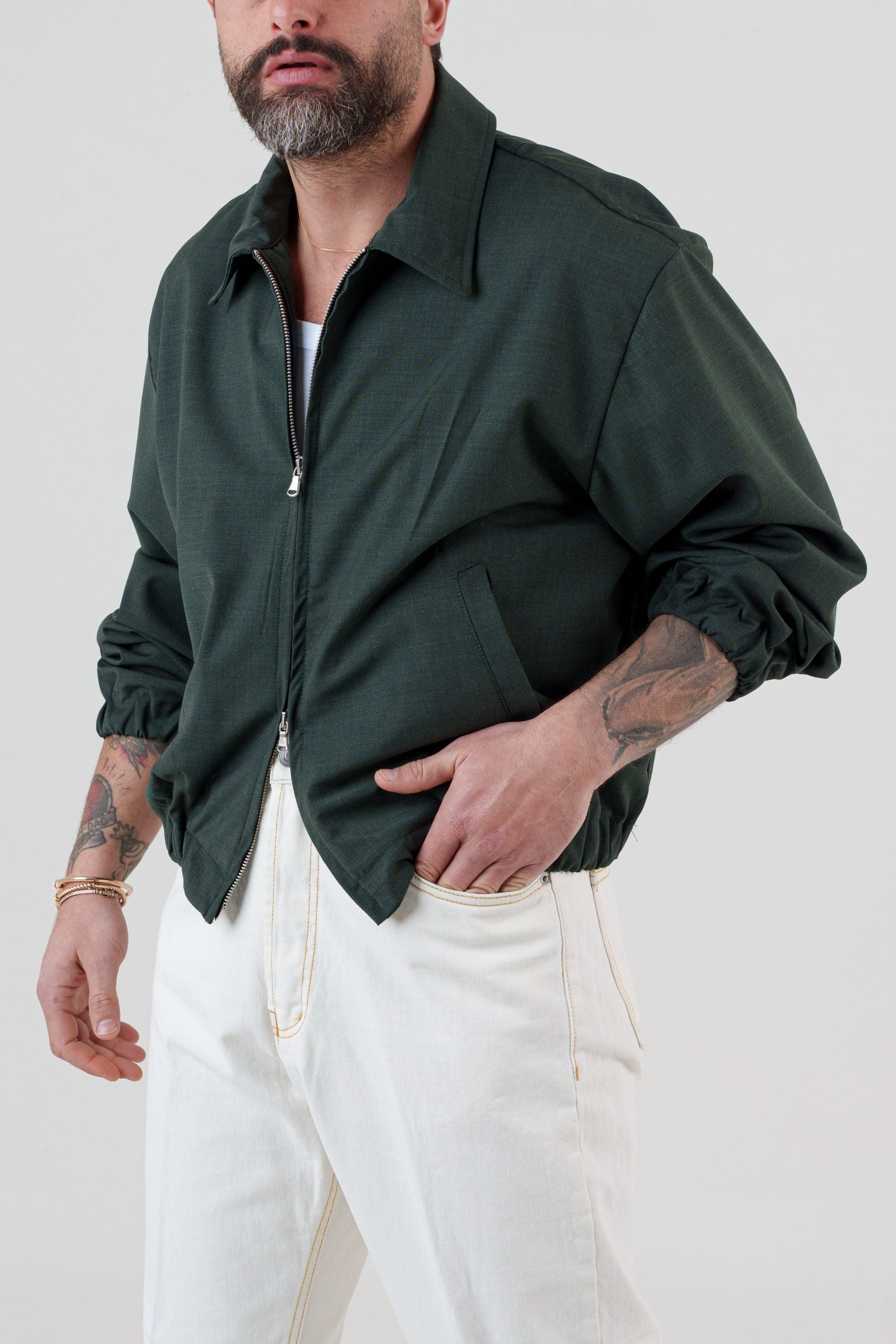 Bomber in Fresco Lana Verde Bosco Cannes