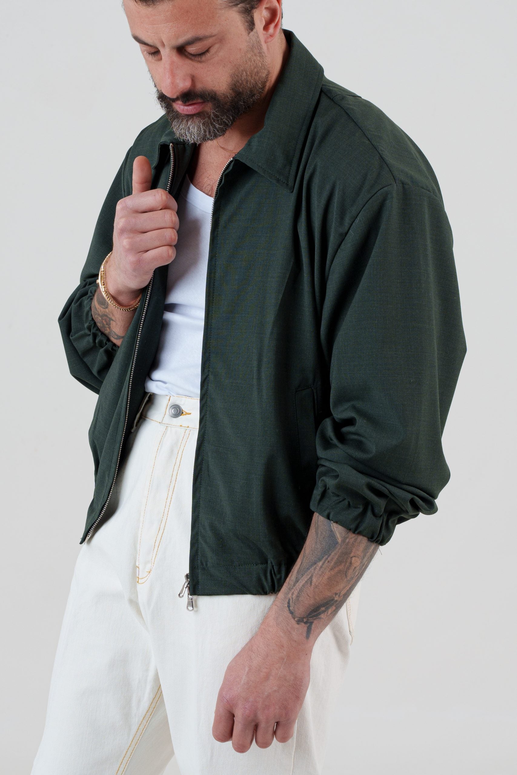Bomber in Fresco Lana Verde Bosco Cannes