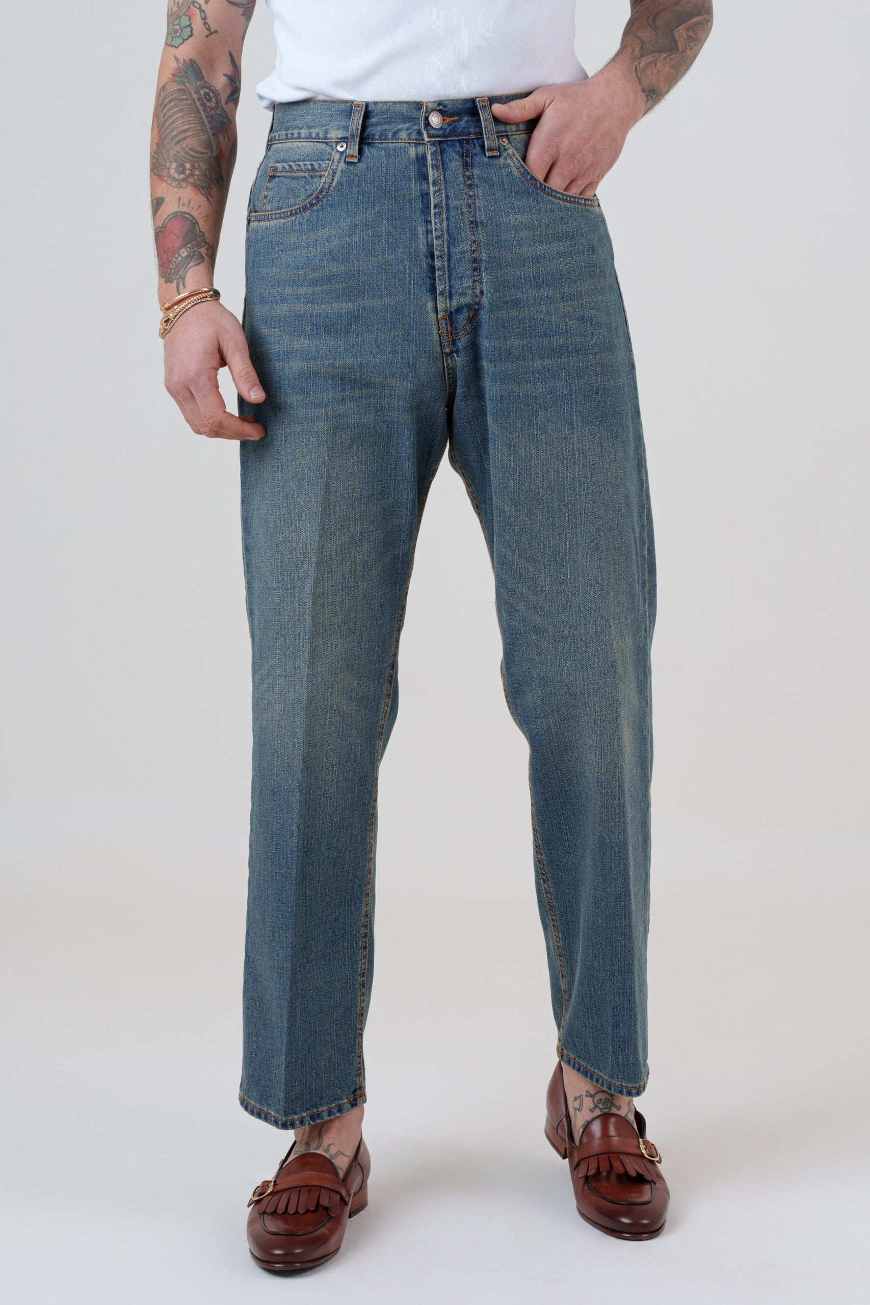 Jeans Vita Alta Fondo Ampio Sabbiato