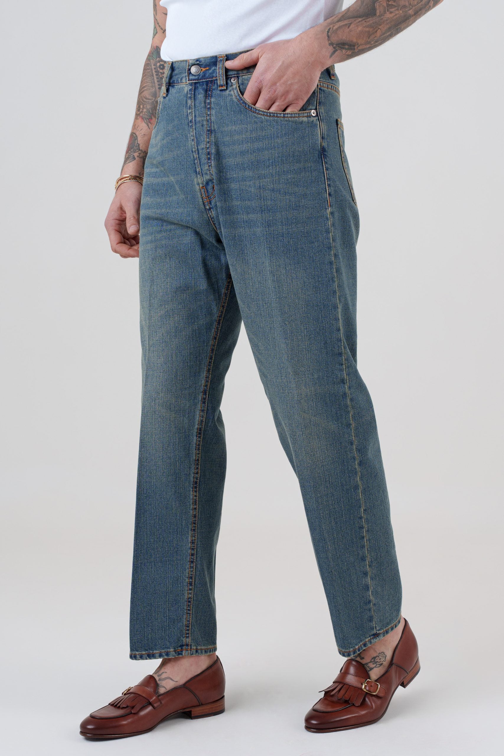 Jeans Vita Alta Fondo Ampio Sabbiato