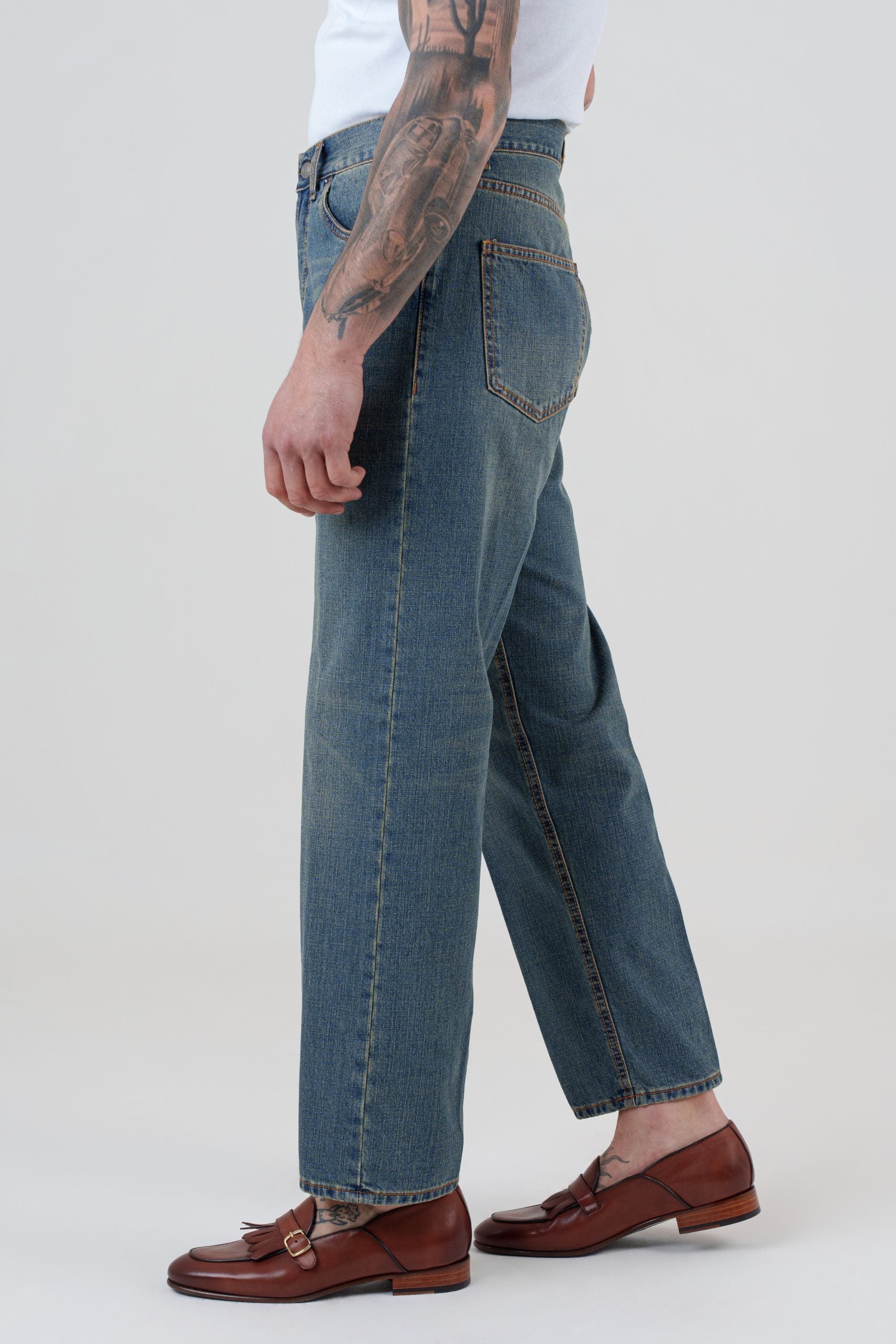 Jeans Vita Alta Fondo Ampio Sabbiato