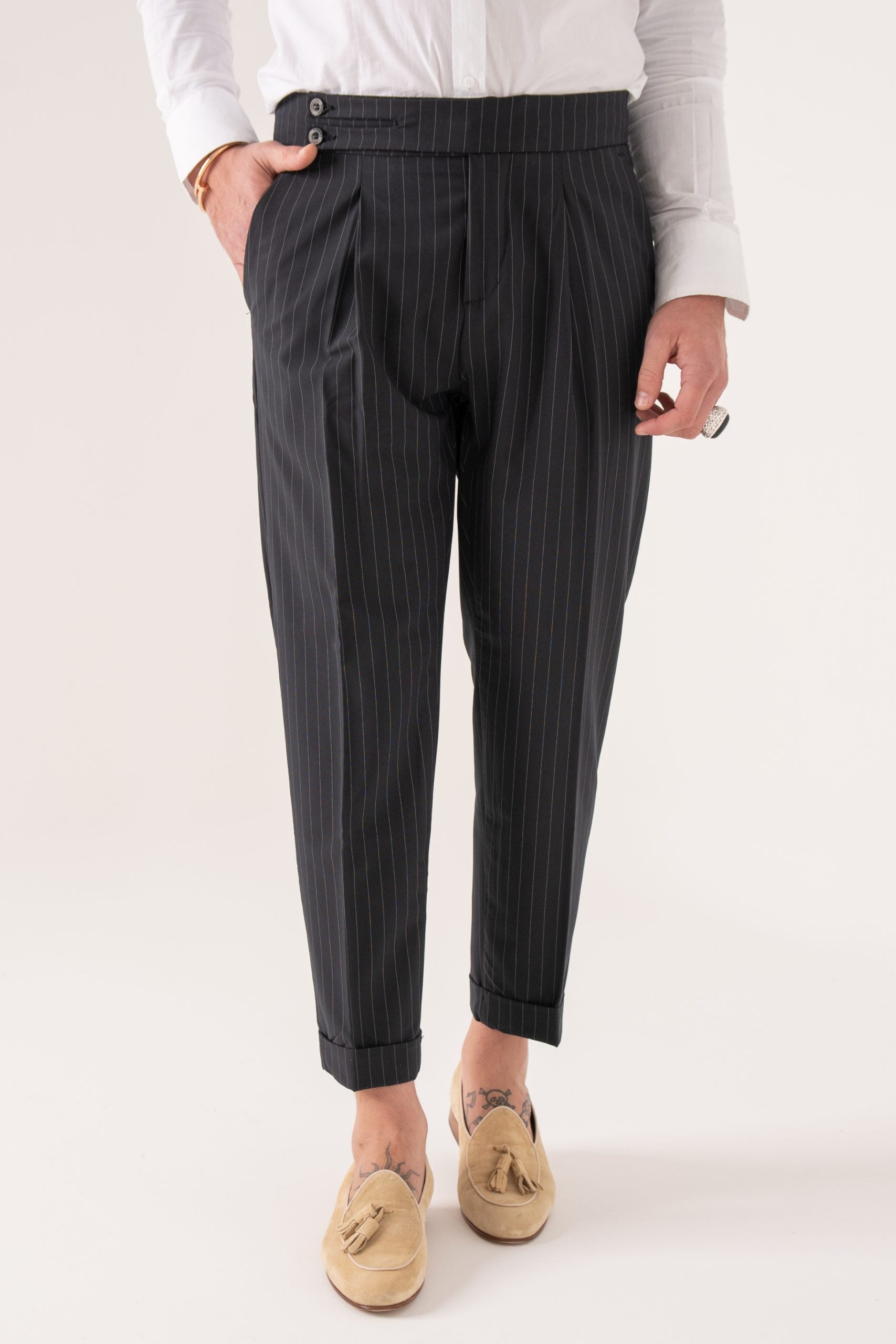 Pantalone Biforcato Gessato Blu Manhattan