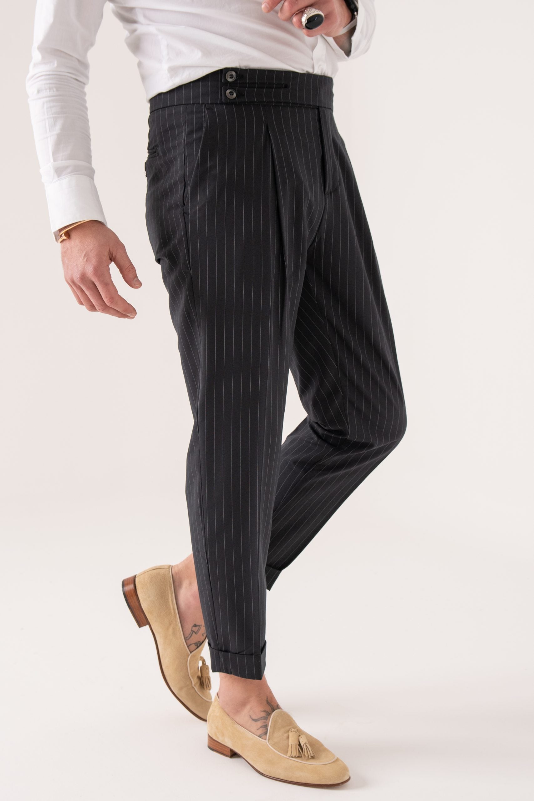 Pantalone Biforcato Gessato Blu Manhattan