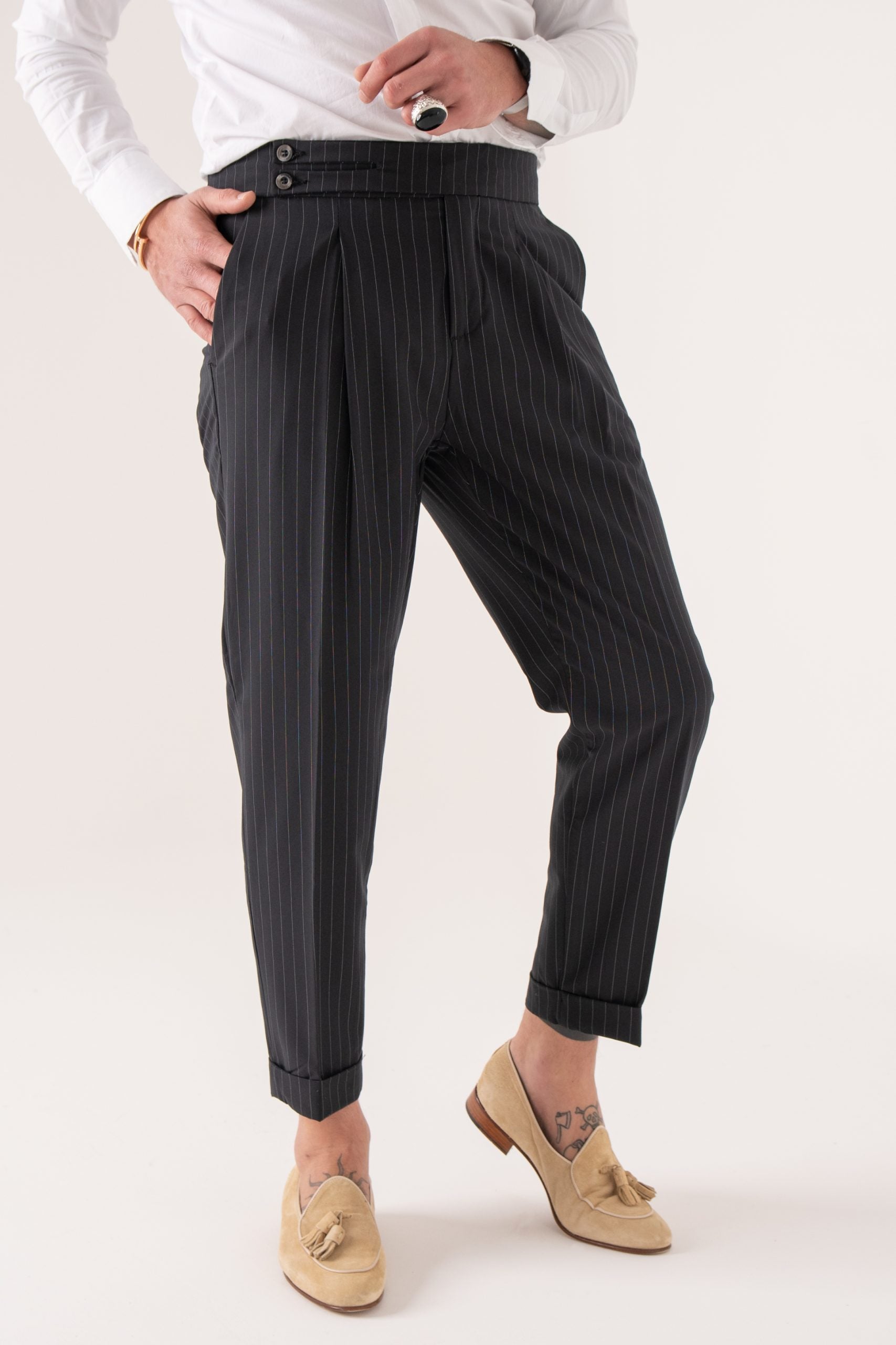 Pantalone Biforcato Gessato Blu Manhattan