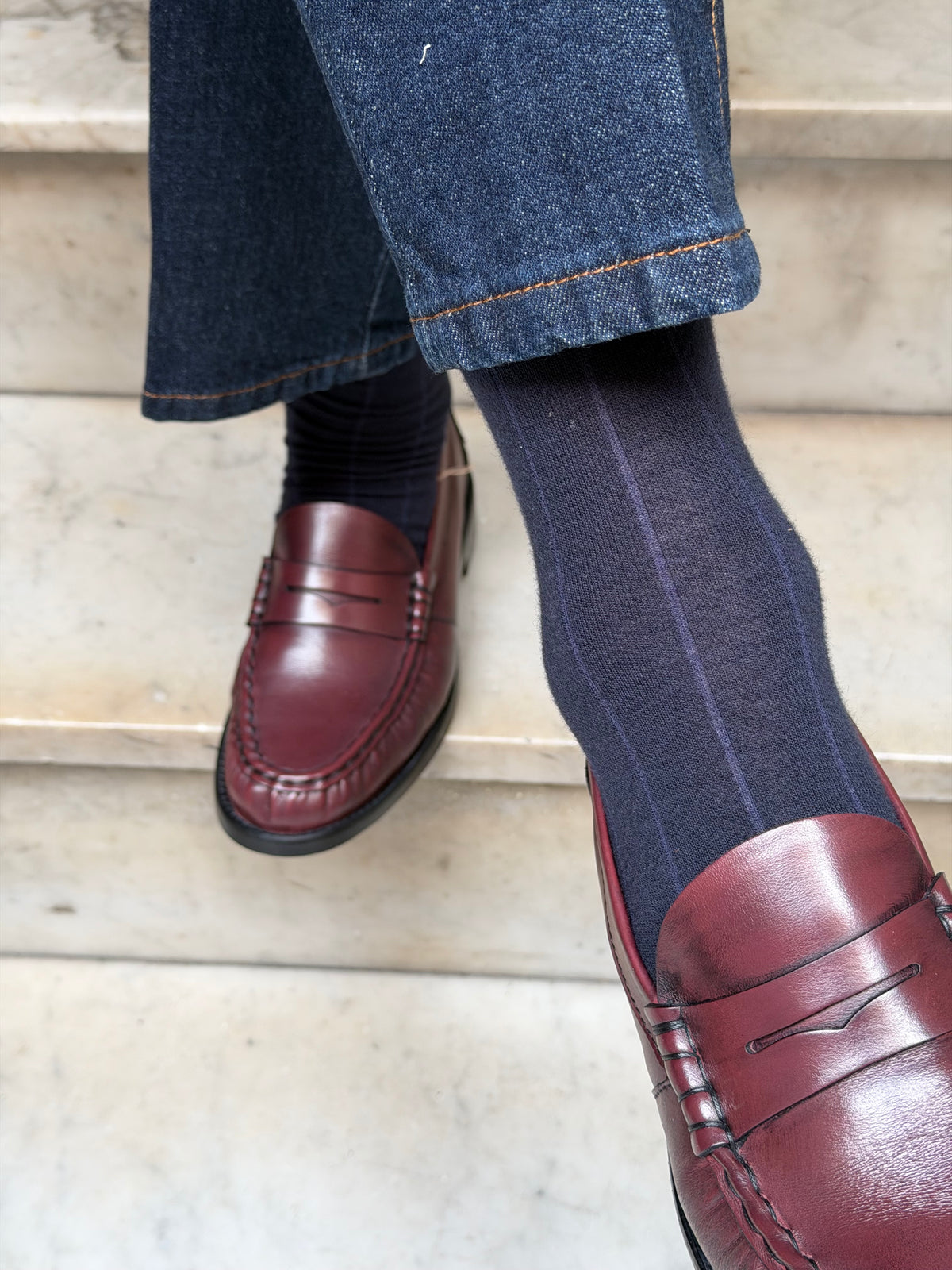 Calza Cashmere e cotone a riga larga Blu