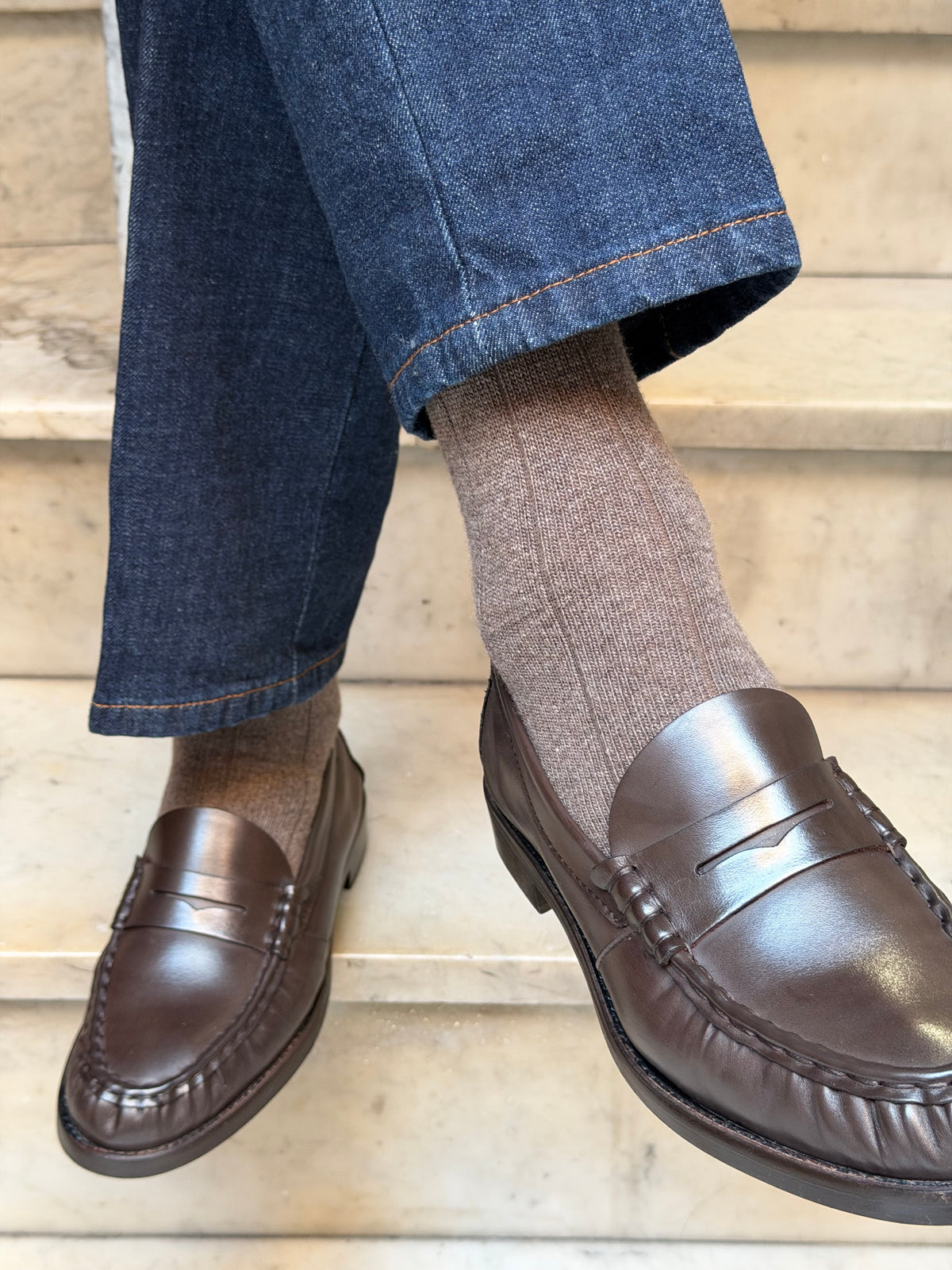 Calza in lana e cashmere a costa larga Moro