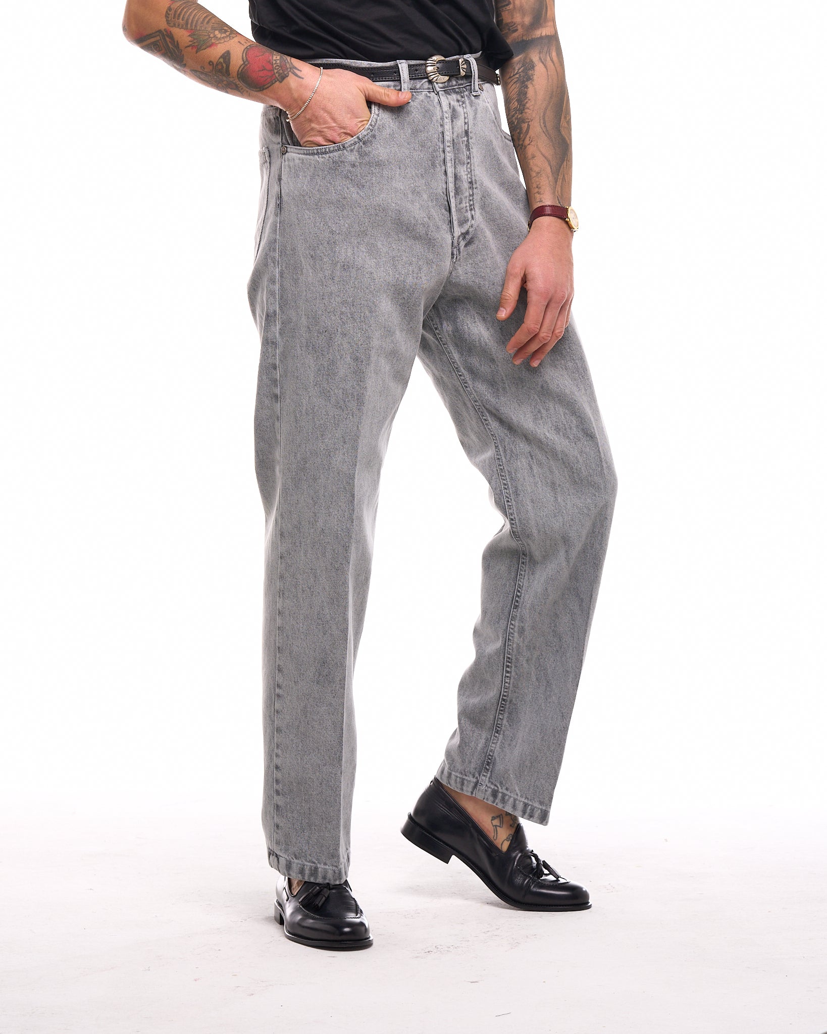 Jeans Vita Alta Fondo Ampio Grigio Marmorizzato