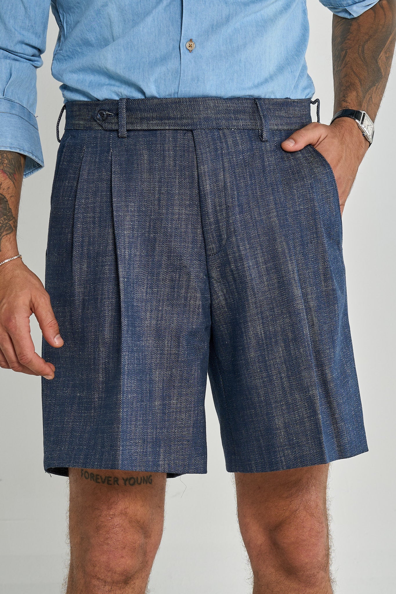 Bermuda Cinta Lunga con Passanti 100% Cotone Effetto Denim Scuro