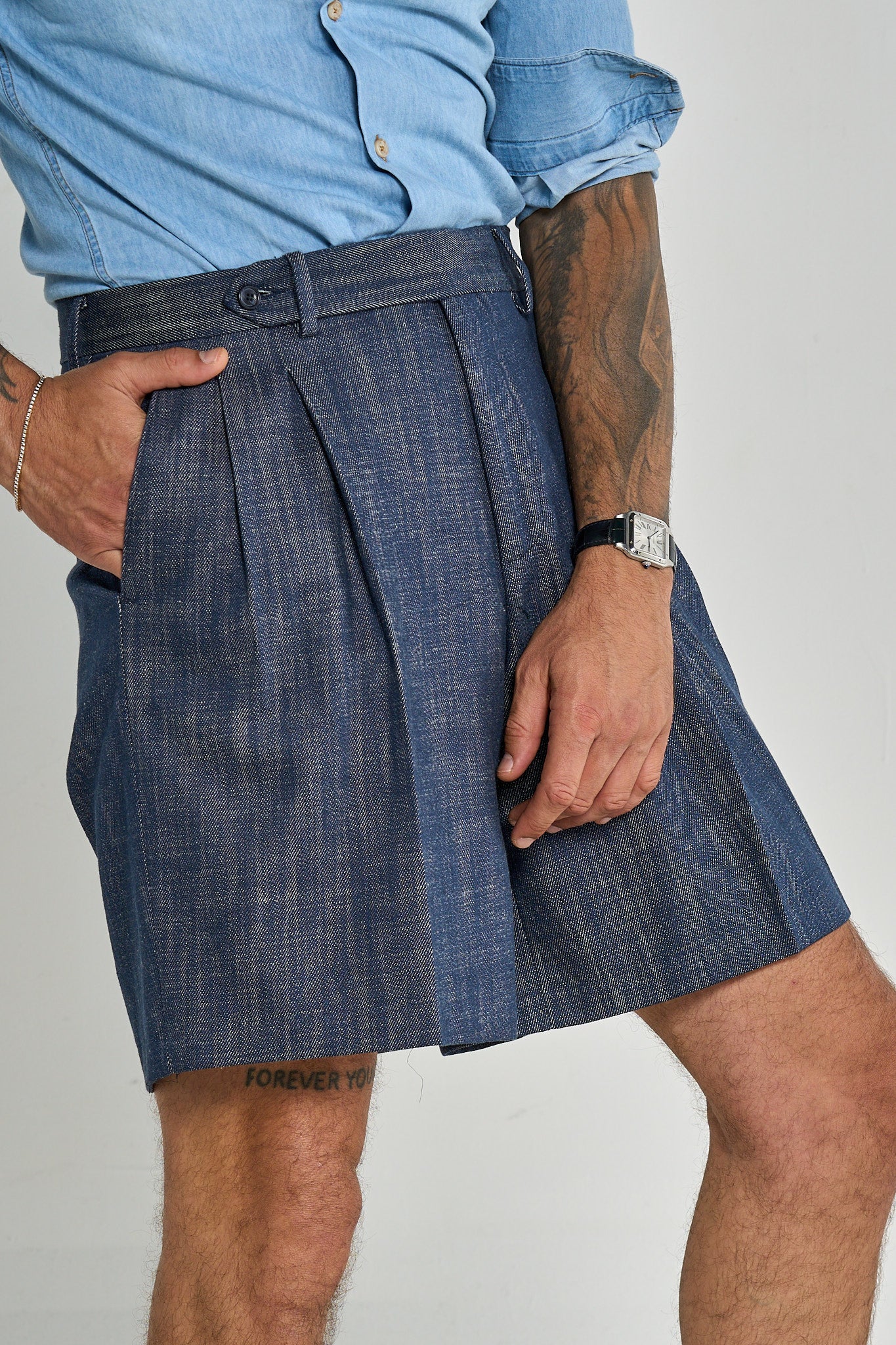 Bermuda Cinta Lunga con Passanti 100% Cotone Effetto Denim Scuro