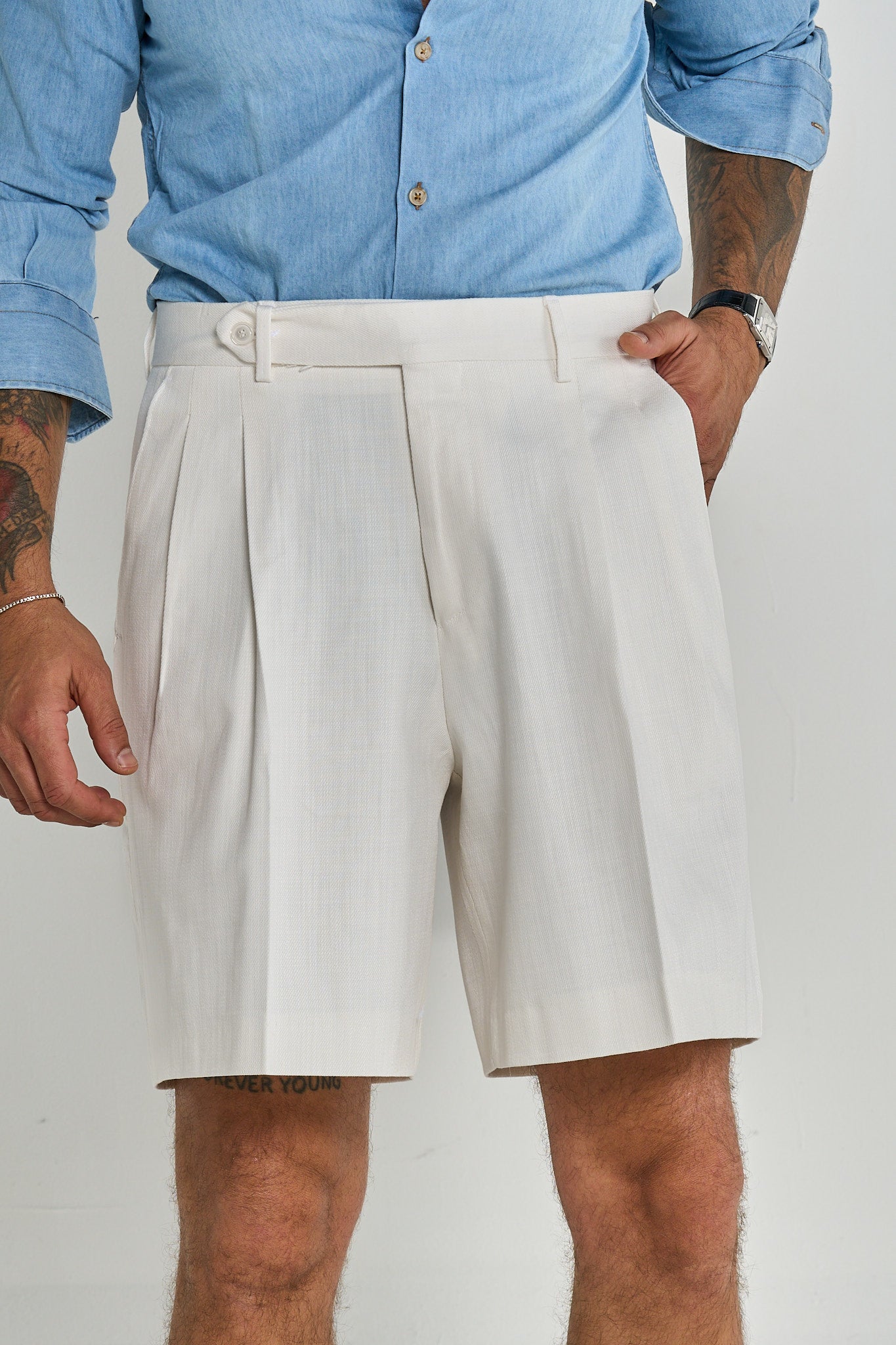 Bermuda Cinta Lunga con Passanti 100% Cotone Effetto Denim Bianco