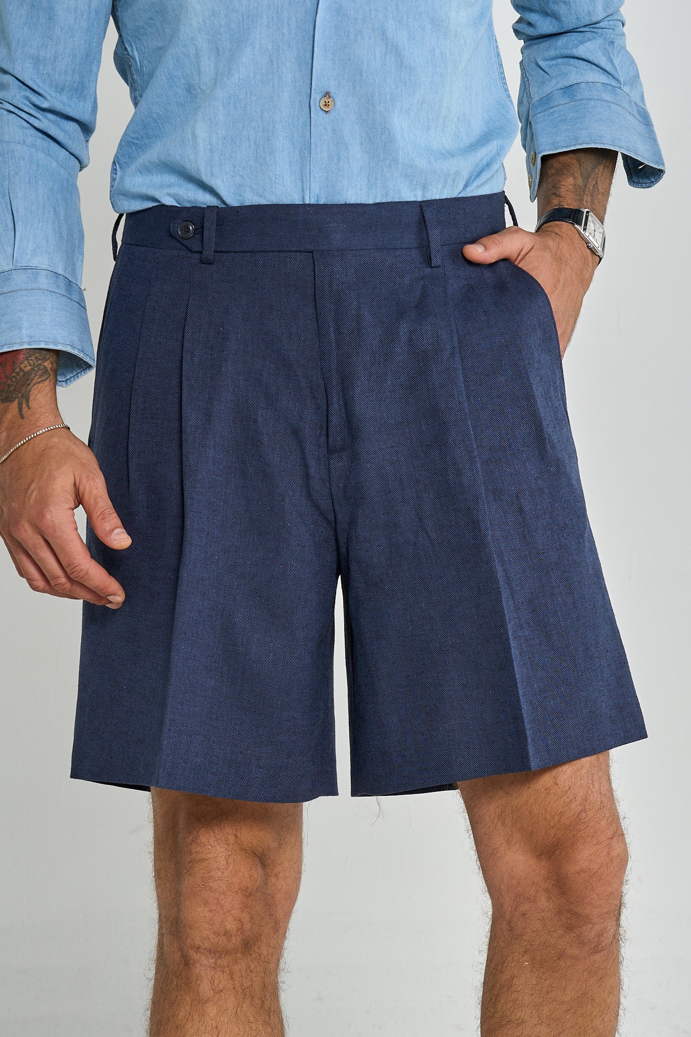 Bermuda Cinta Lunga con Passanti Lino/Cotone Blu