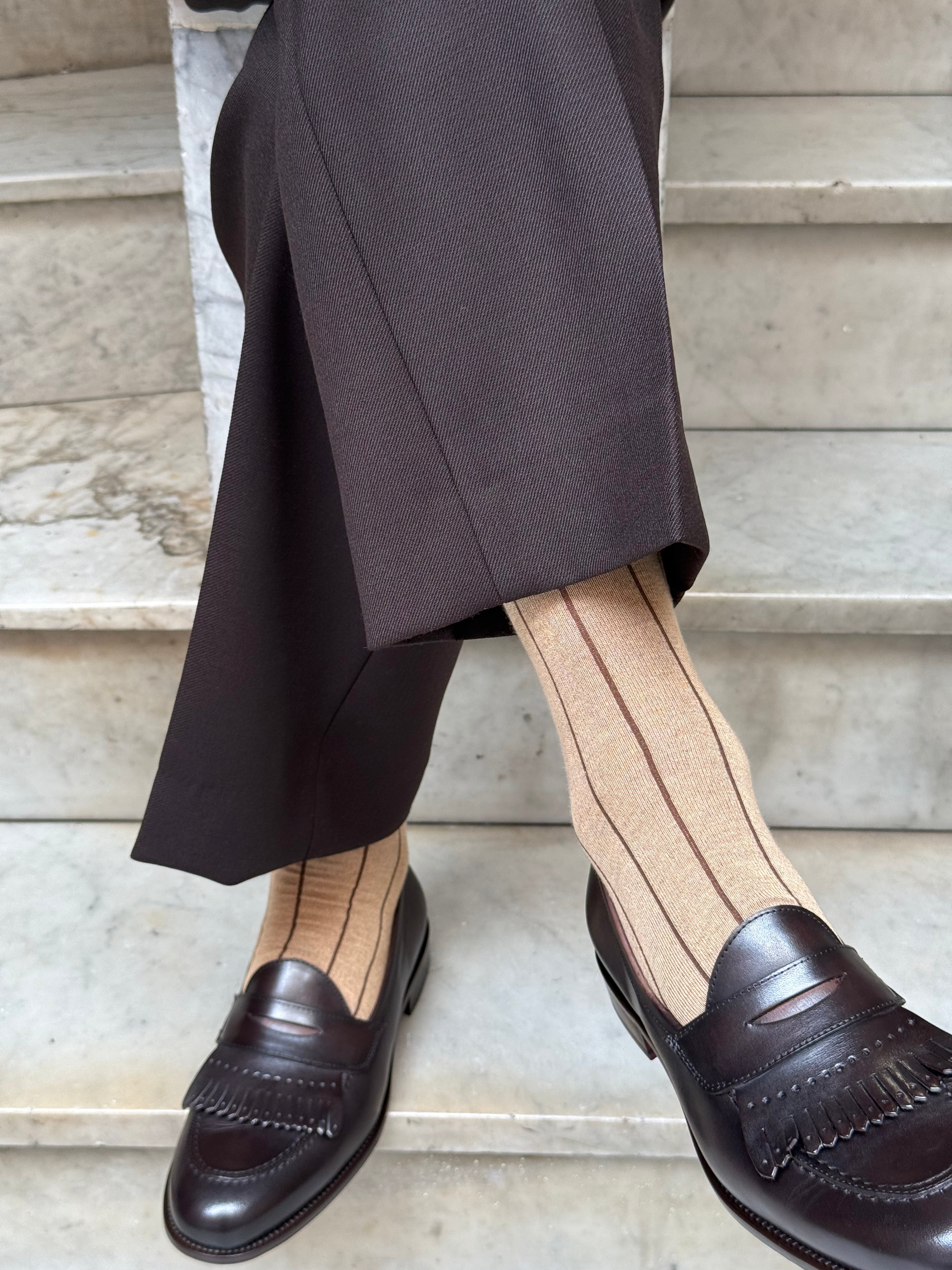 Calza in Cashmere e Cotone a Righe Beige e Moro