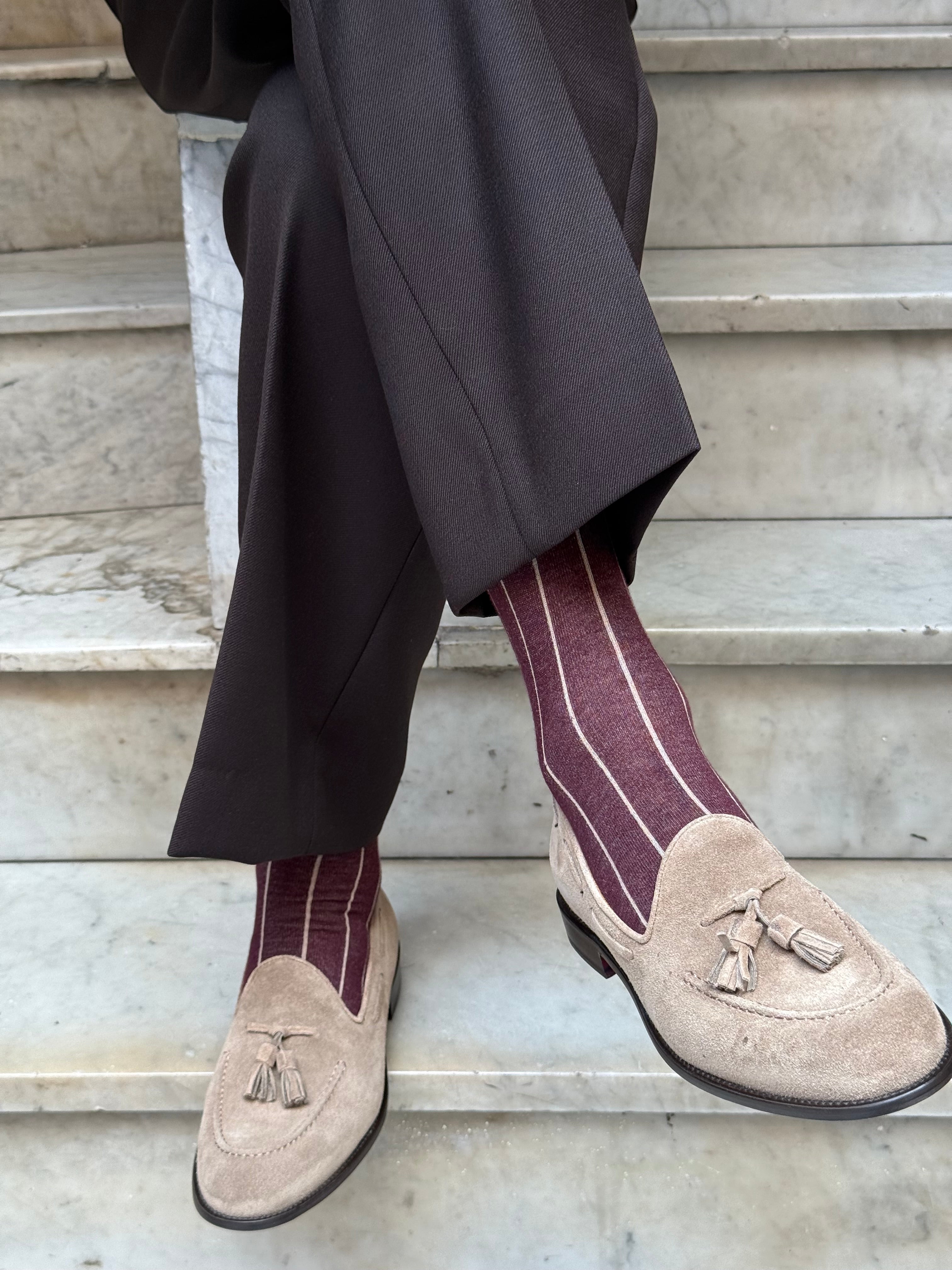Calza in Cashmere e Cotone a Righe Bordò e Beige