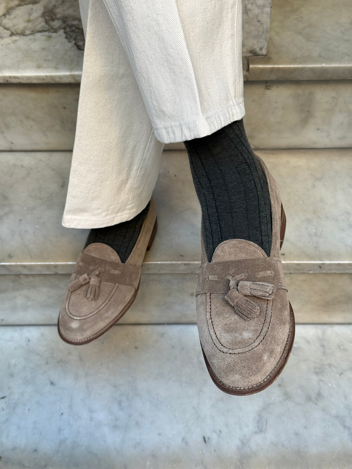 Calza in Cashmere e Cotone a Coste Grigio Scuro