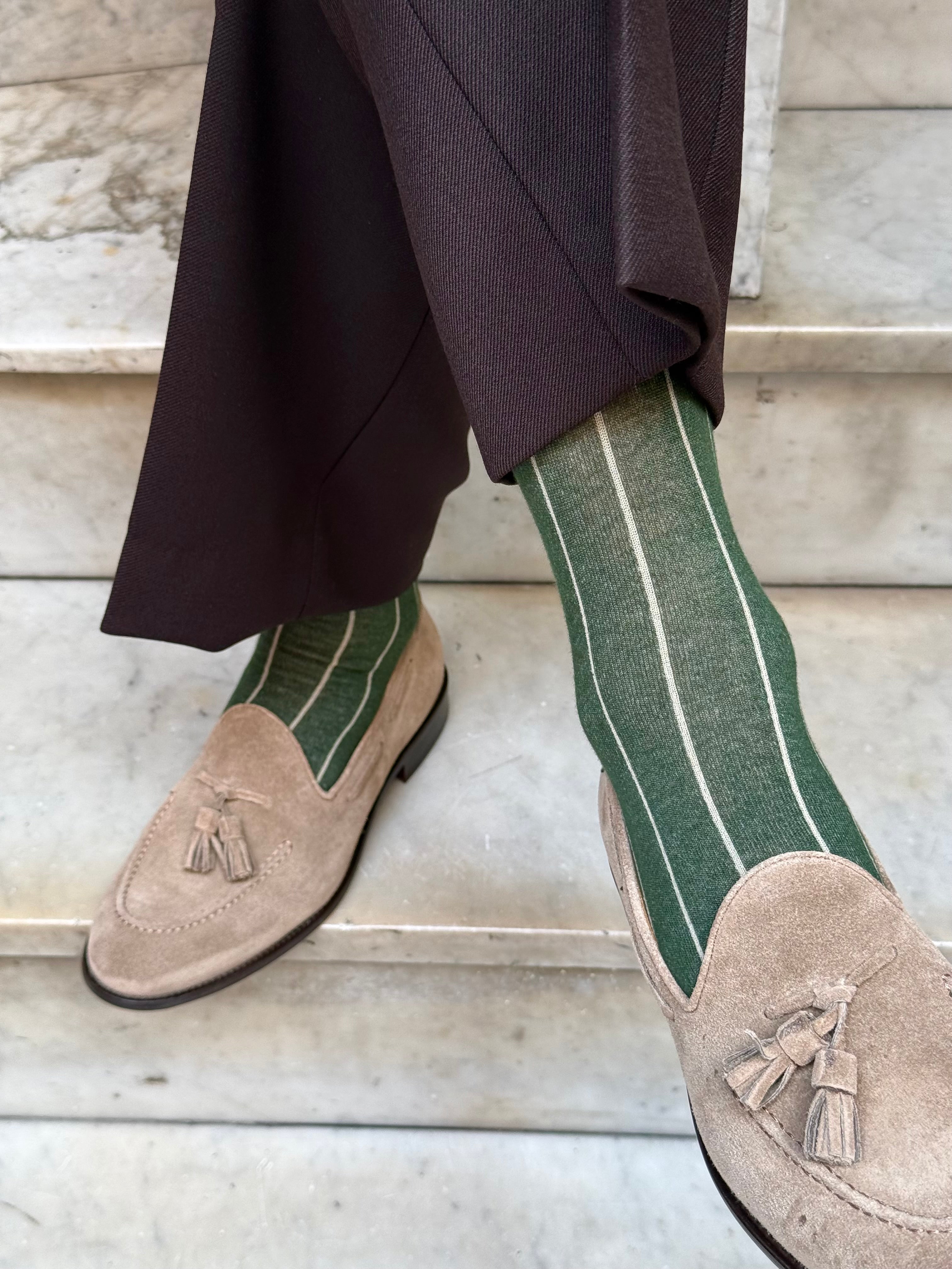 Calza in Cashmere e Cotone a Righe Verde e Beige