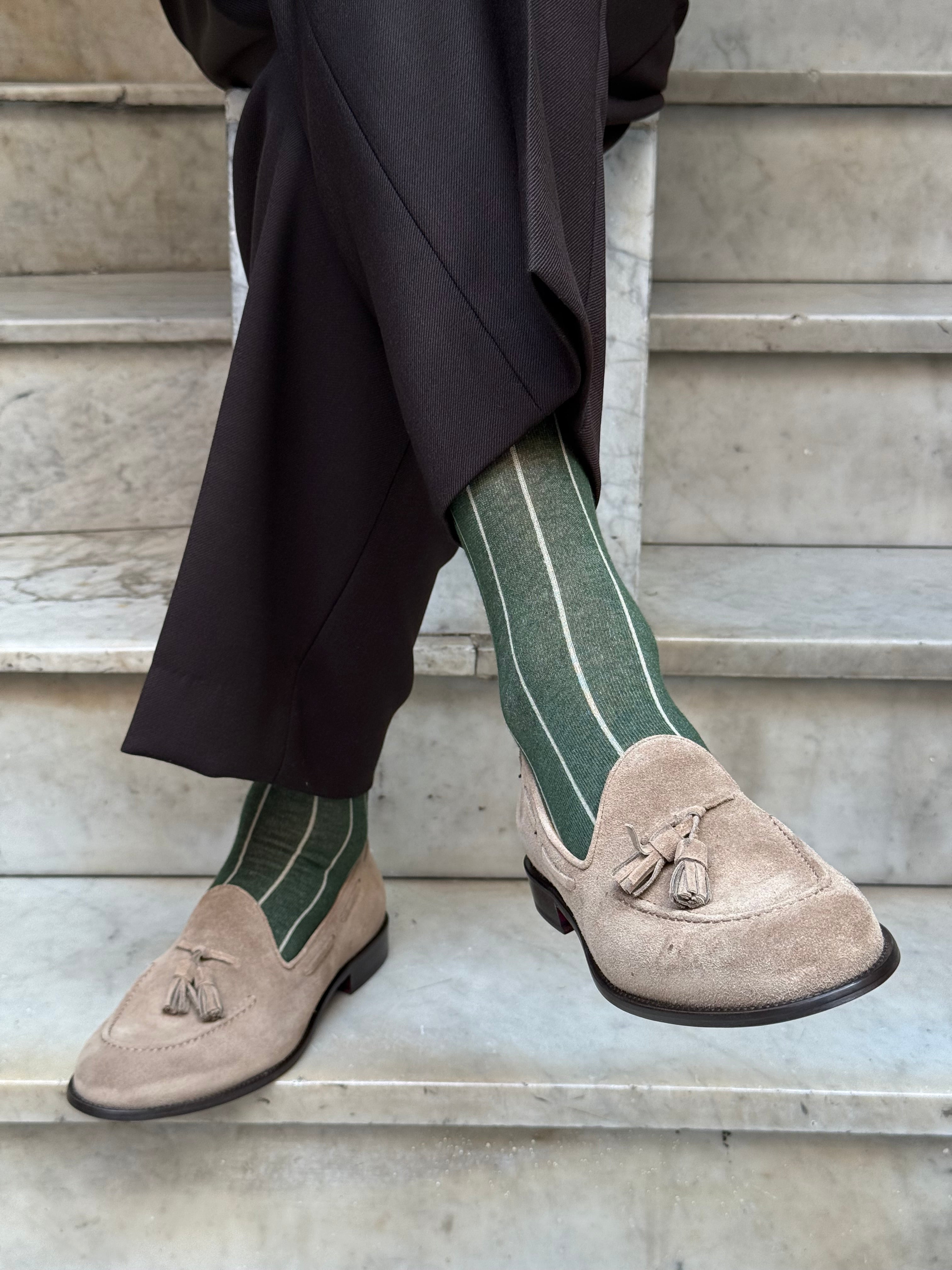 Calza in Cashmere e Cotone a Righe Verde e Beige