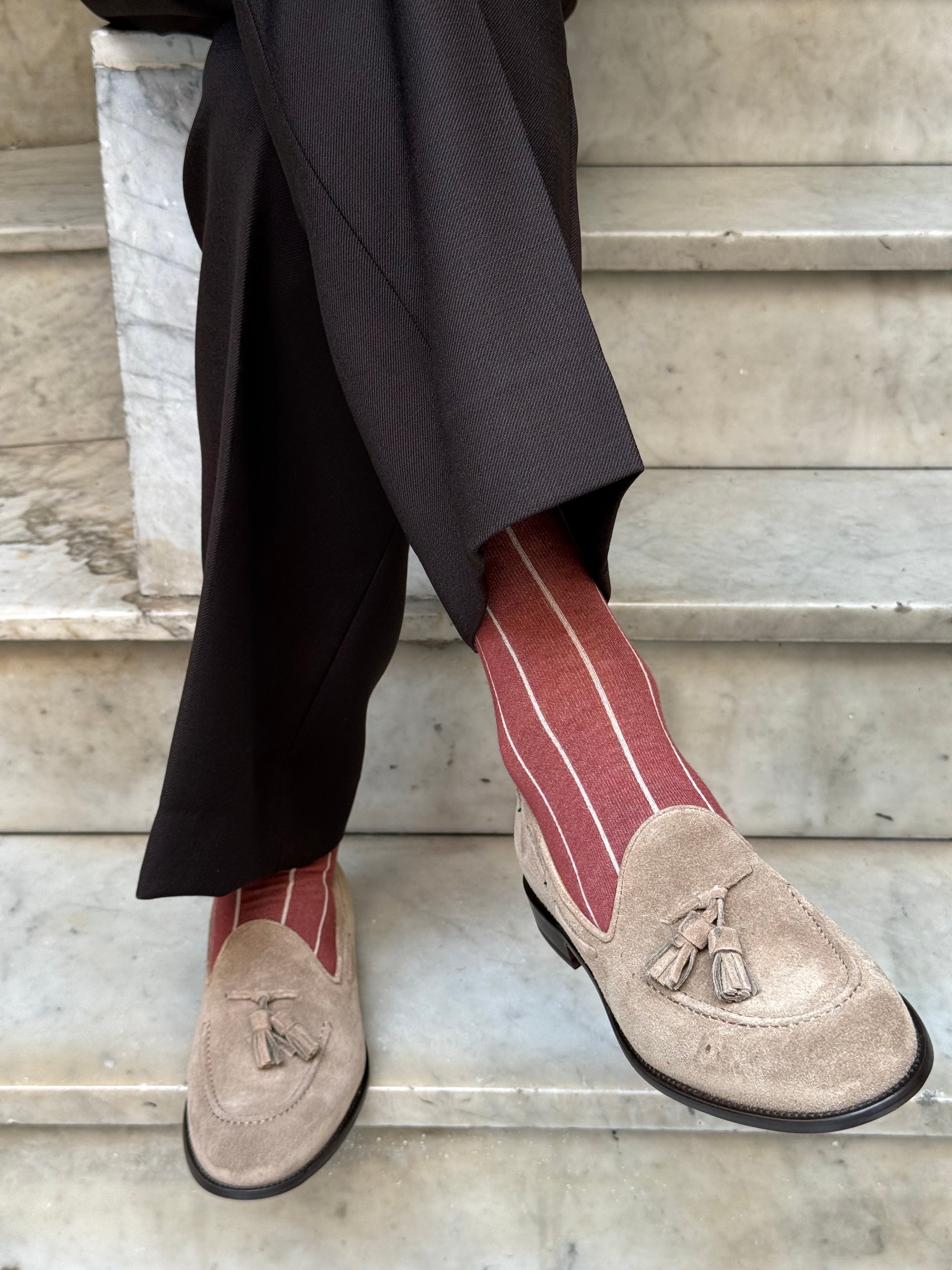 Calza in Cashmere e Cotone a Righe Tegola e Beige