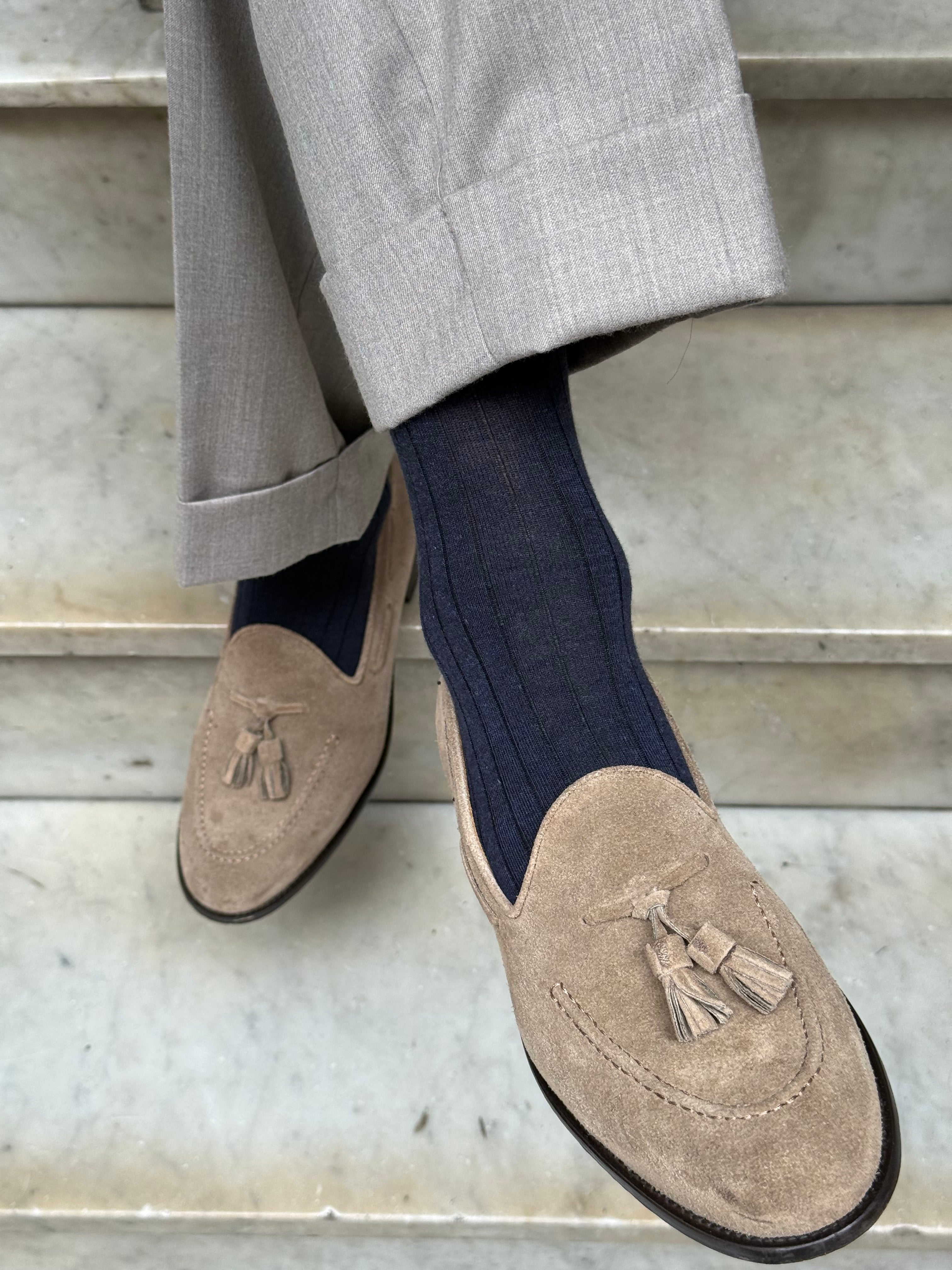 Calza in Cashmere e Cotone a Coste Blu