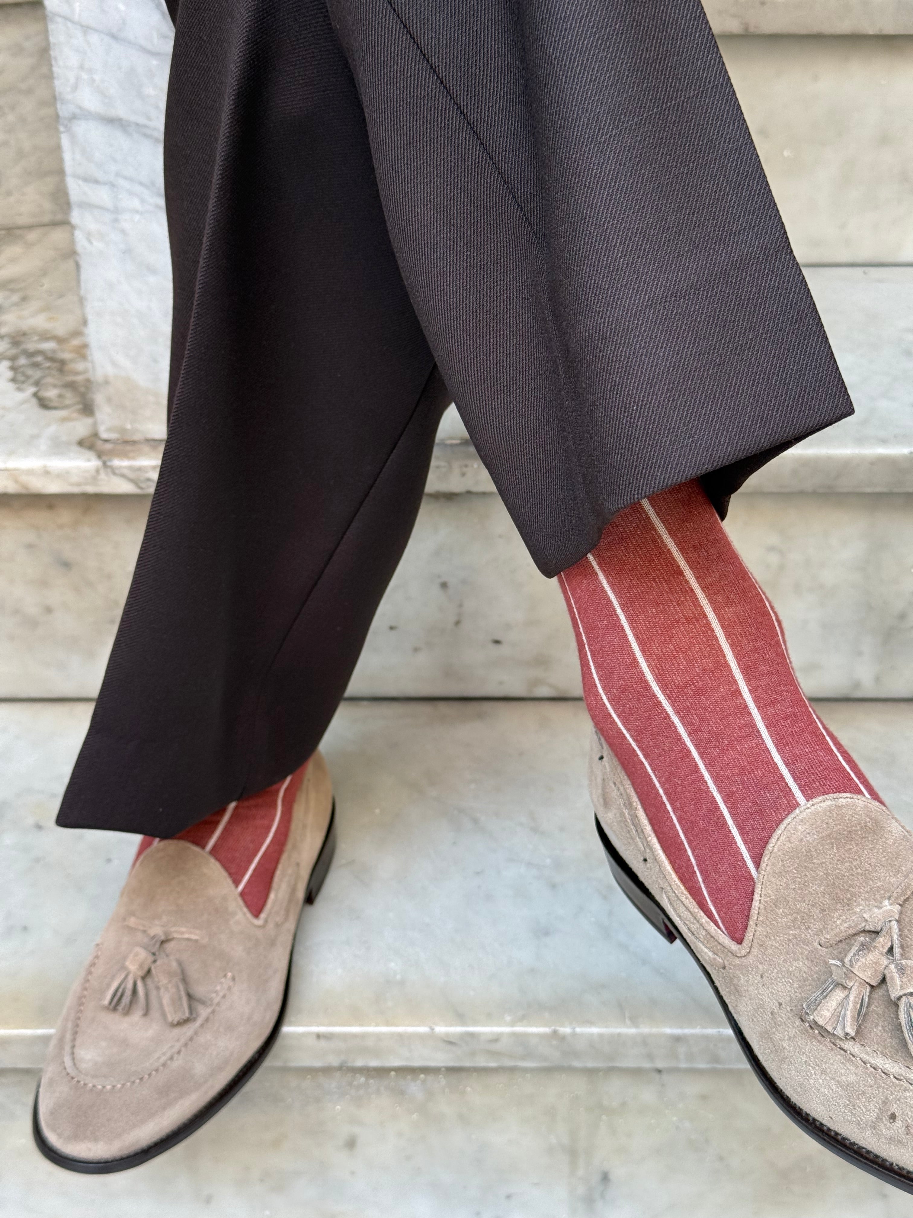 Calza in Cashmere e Cotone a Righe Tegola e Beige