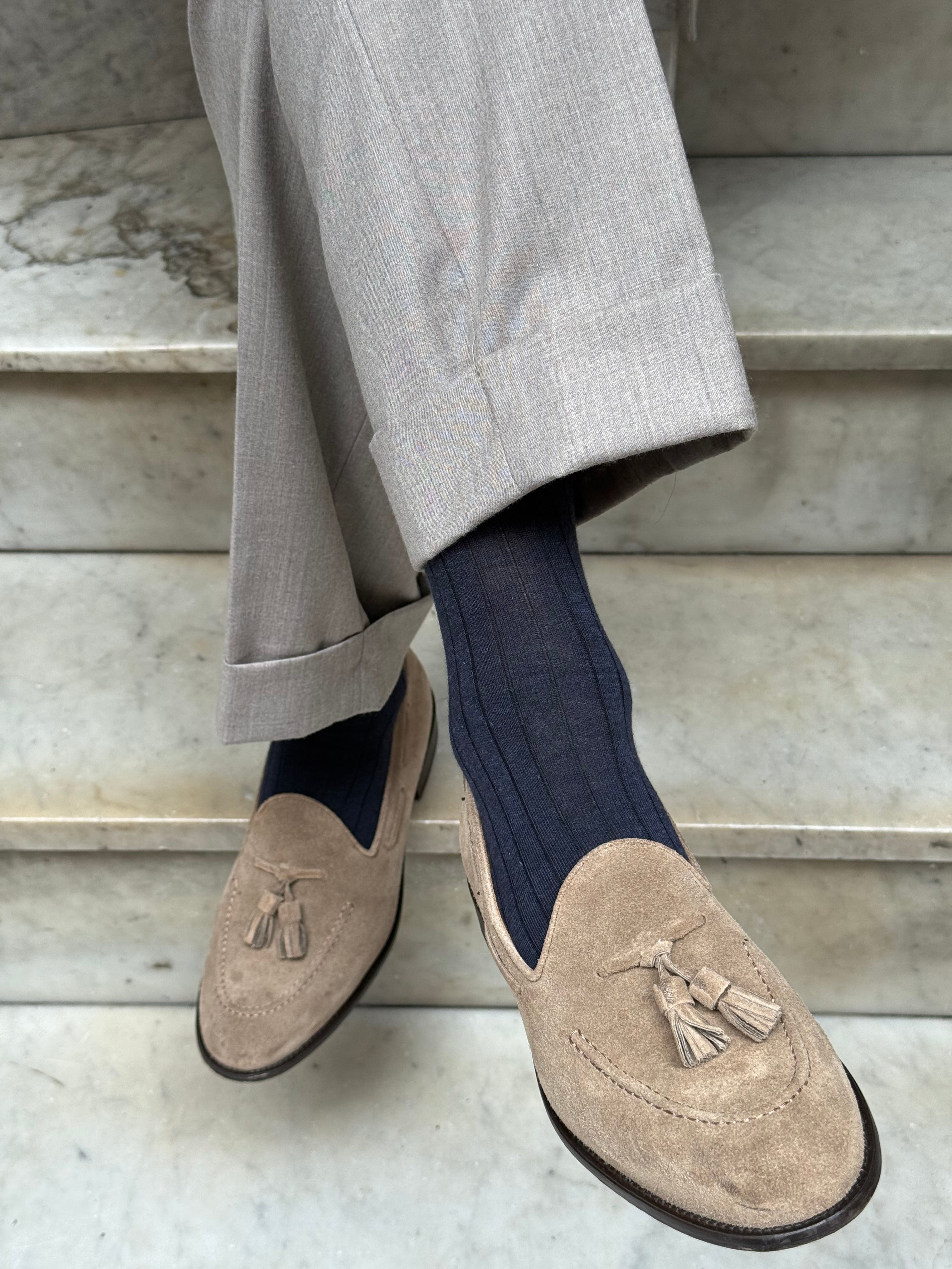 Calza in Cashmere e Cotone a Coste Blu
