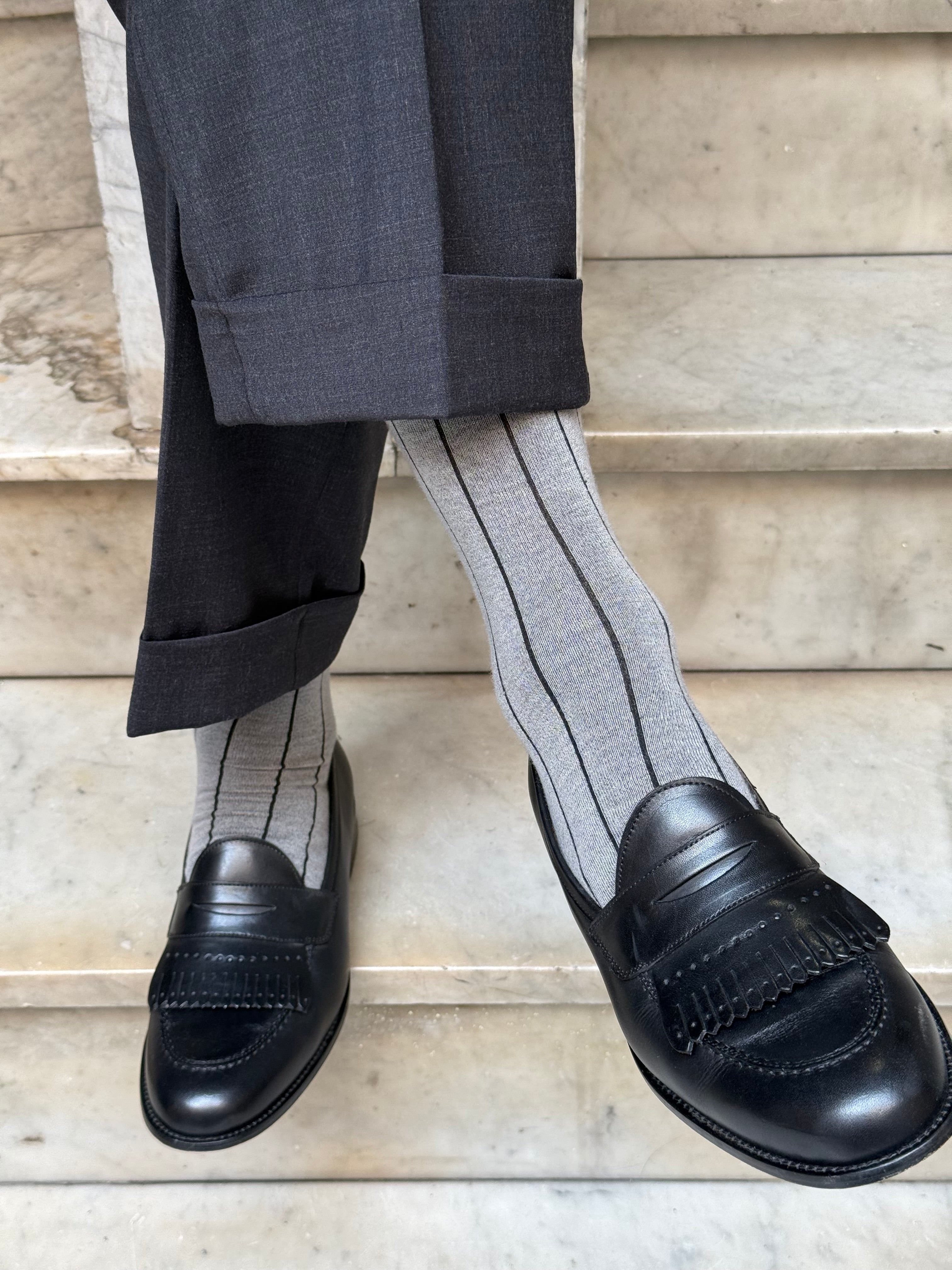 Calza in Cashmere e Cotone a Righe Grigio e Nero