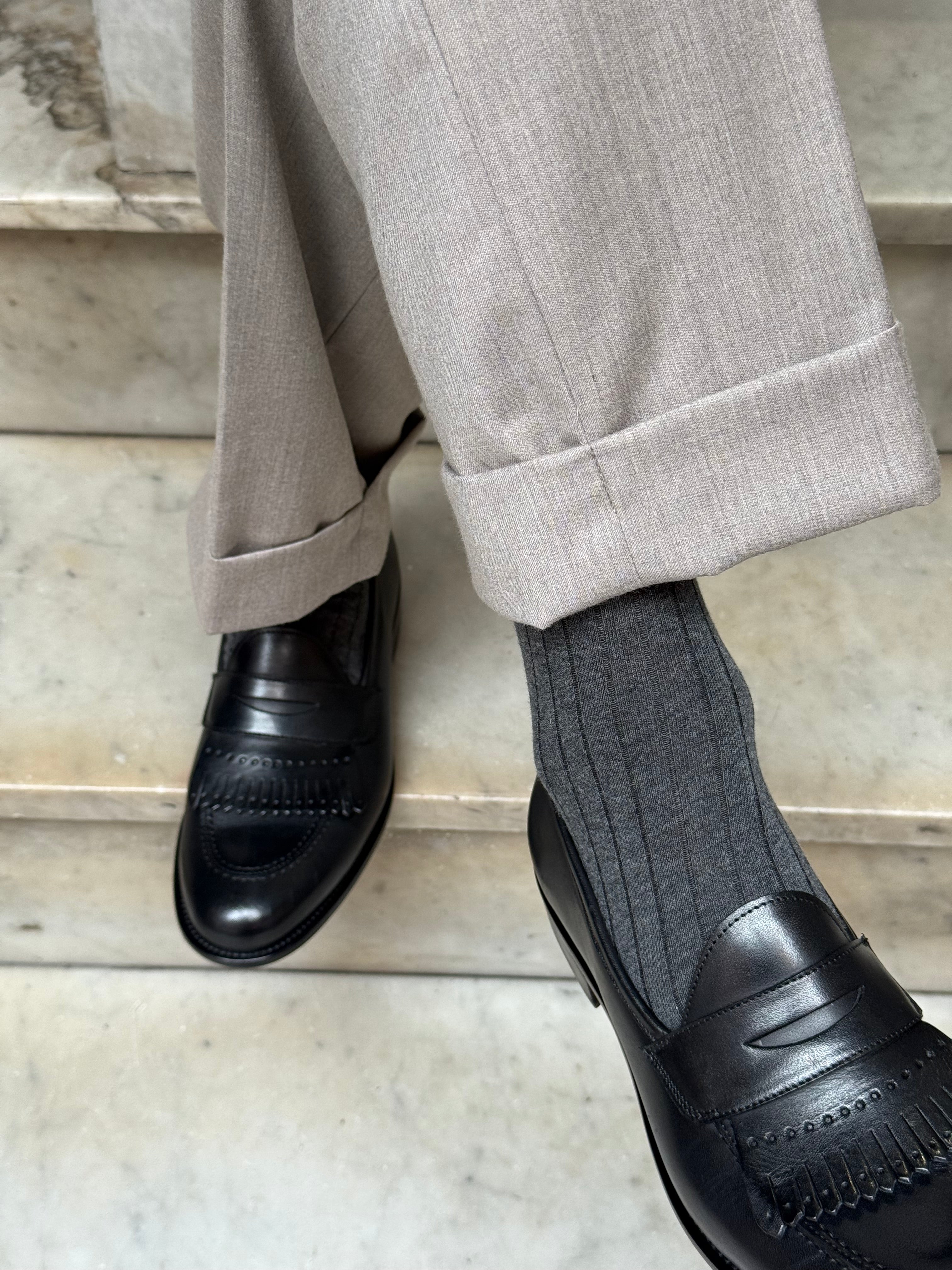 Calza in Cashmere e Cotone a Coste Grigio