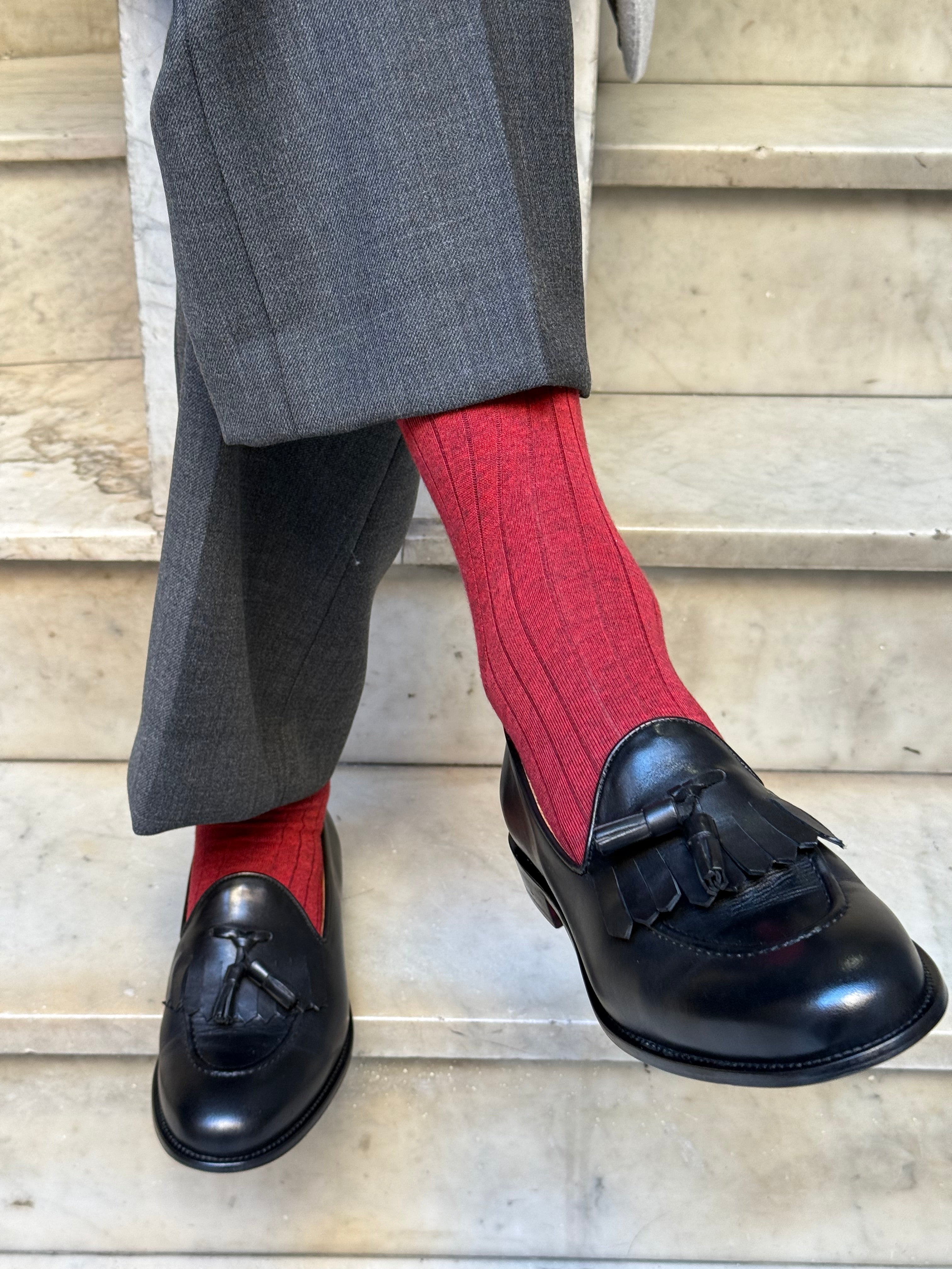 Calza in Cashmere e Cotone a Coste Rosso