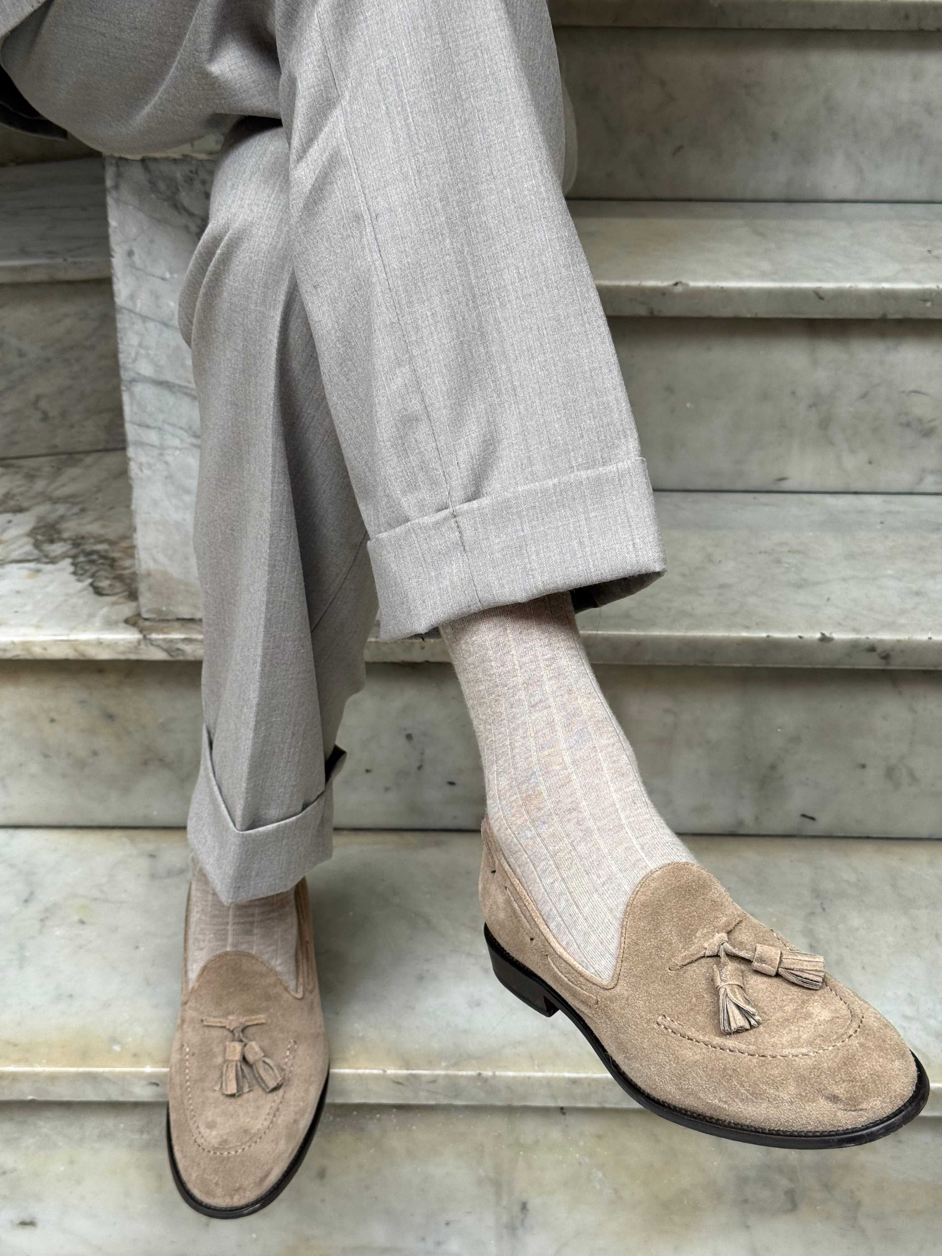 Calza in Cashmere e Cotone a Coste Beige