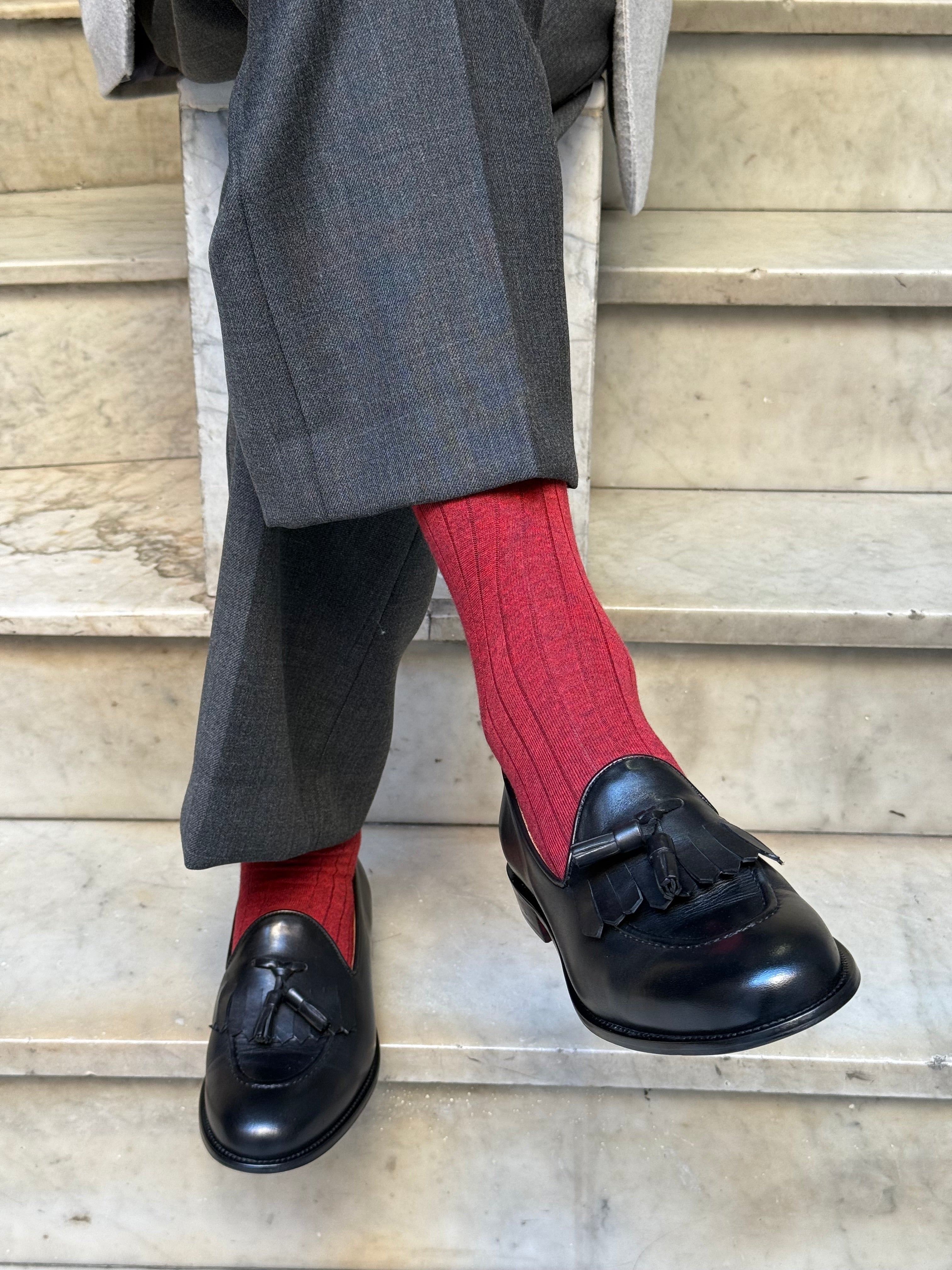 Calza in Cashmere e Cotone a Coste Rosso