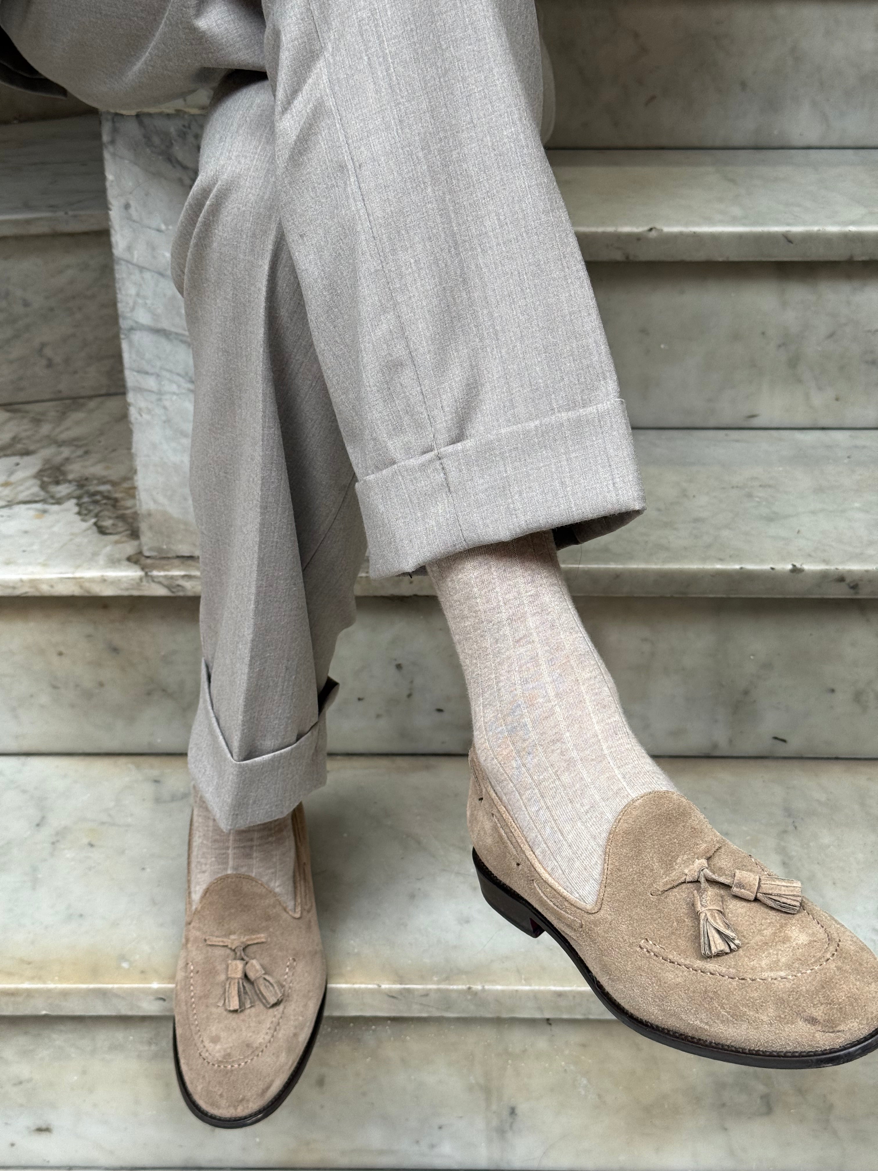 Calza in Cashmere e Cotone a Coste Beige