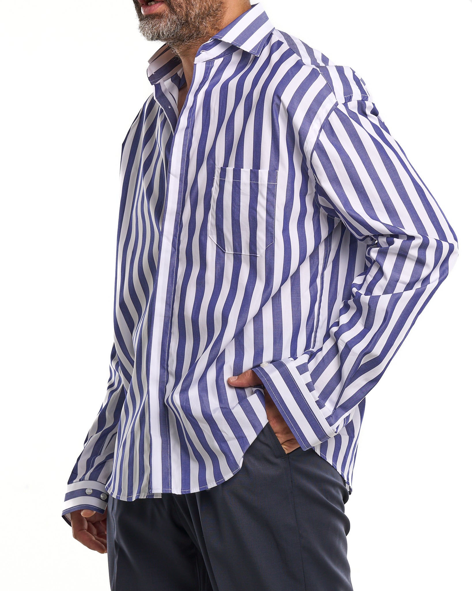 Oversized Shirt with Pocket and Double Stripe in Light Blue