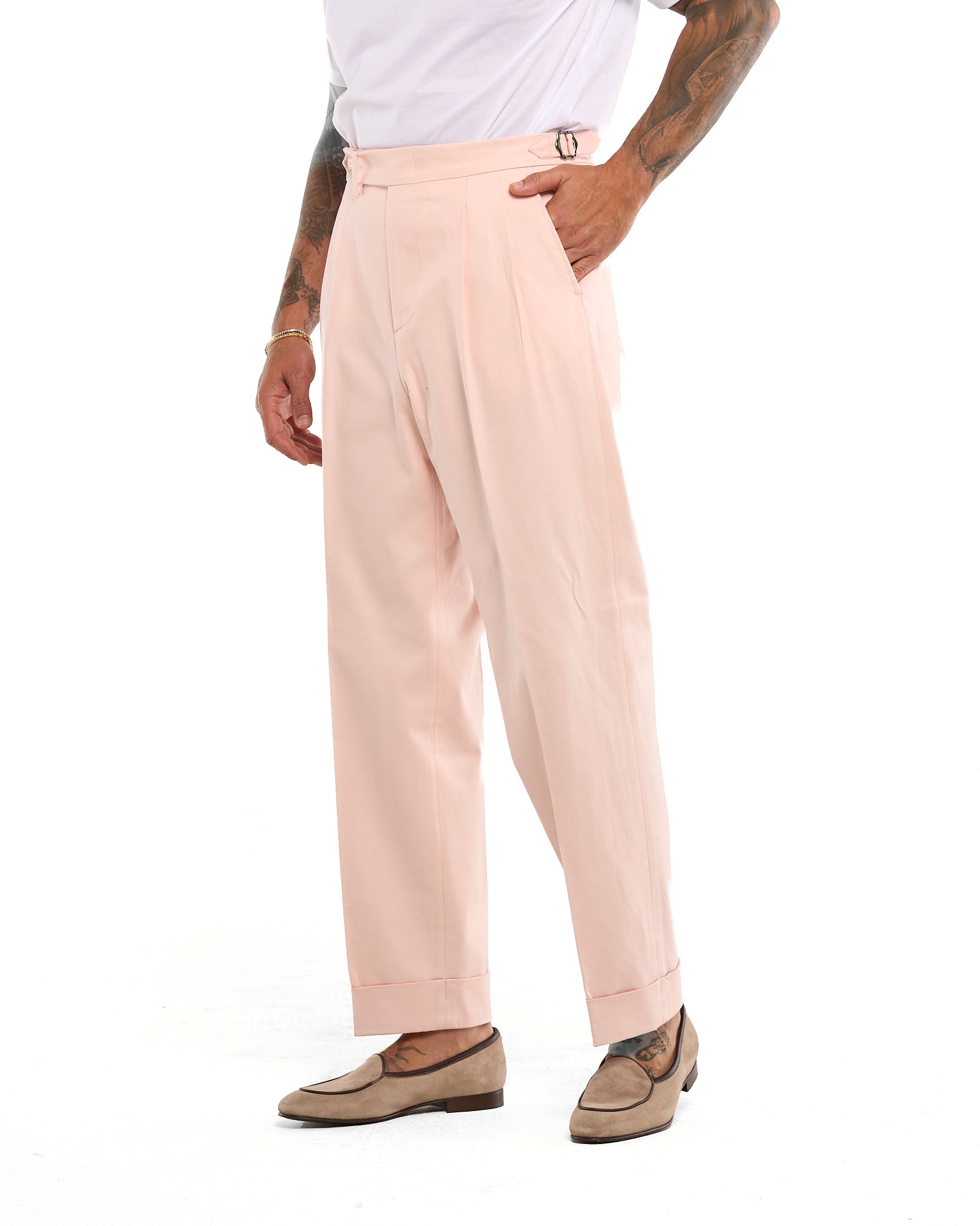 Pantalone Fondo Ampio e Fibbie Laterali in Cotone Rosa